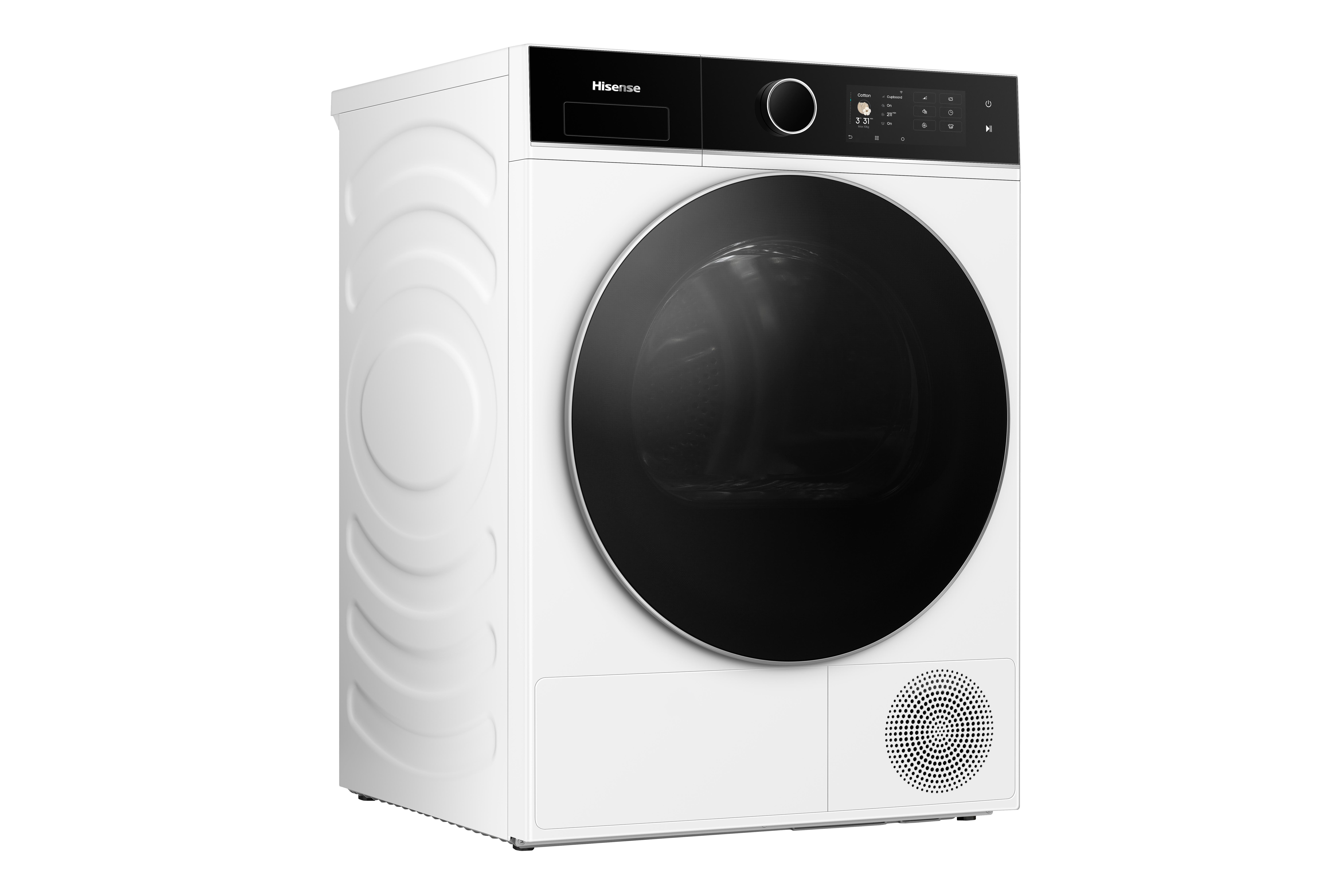 Weiße Hisense-Waschmaschine mit schwarzer Tür und Bedienfeld.