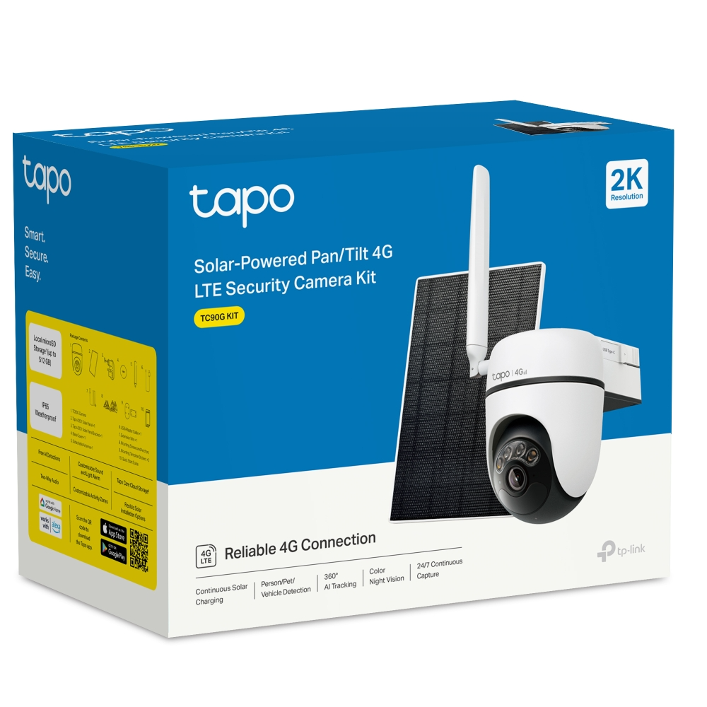 Tapo napelemes Pan/Tilt 4G LTE biztonsági kamera doboza napelemmel és kamerával.