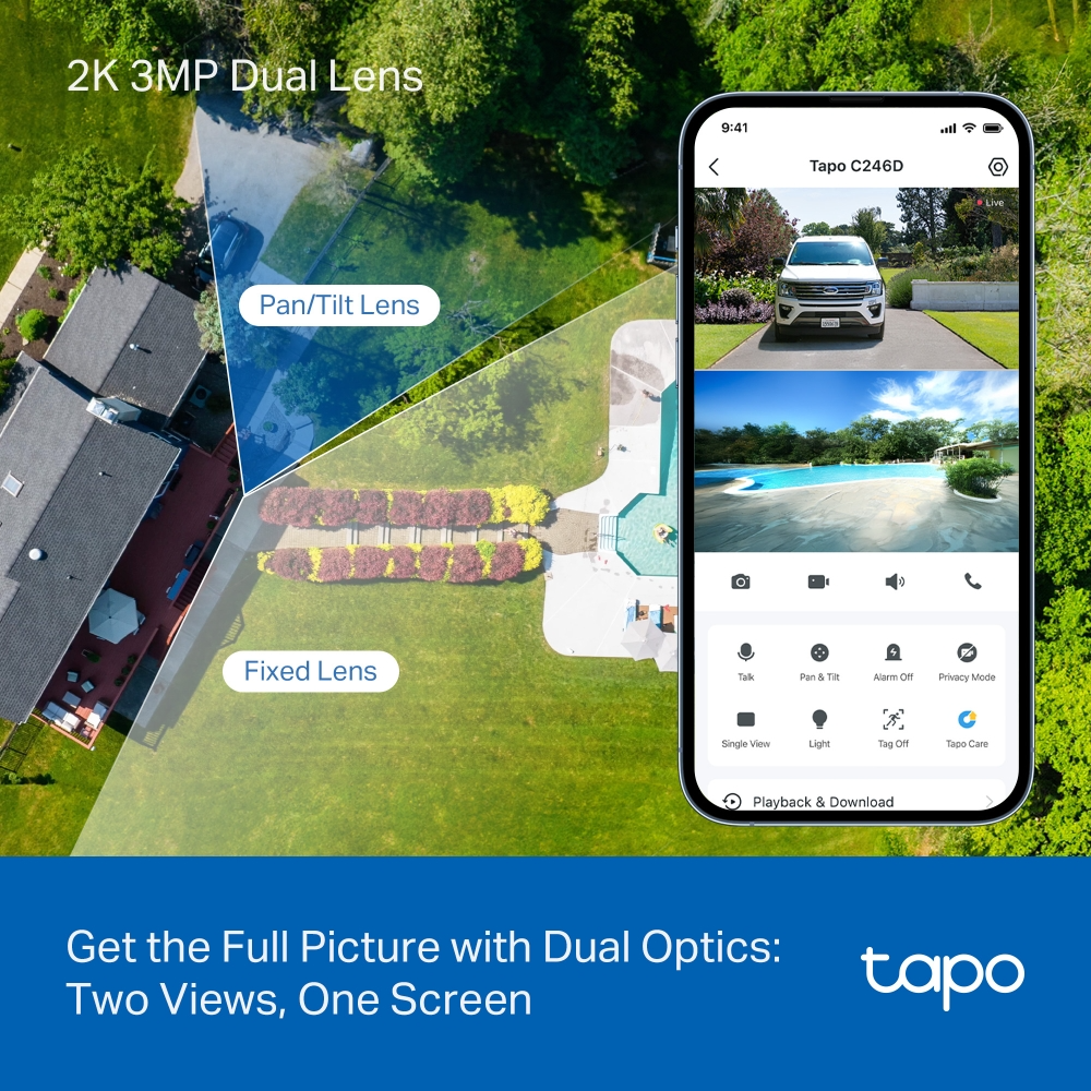 Drónfelvétel házról, kettős lencse nézettel és telefonos appal. 2K 3MP Dual Lens.