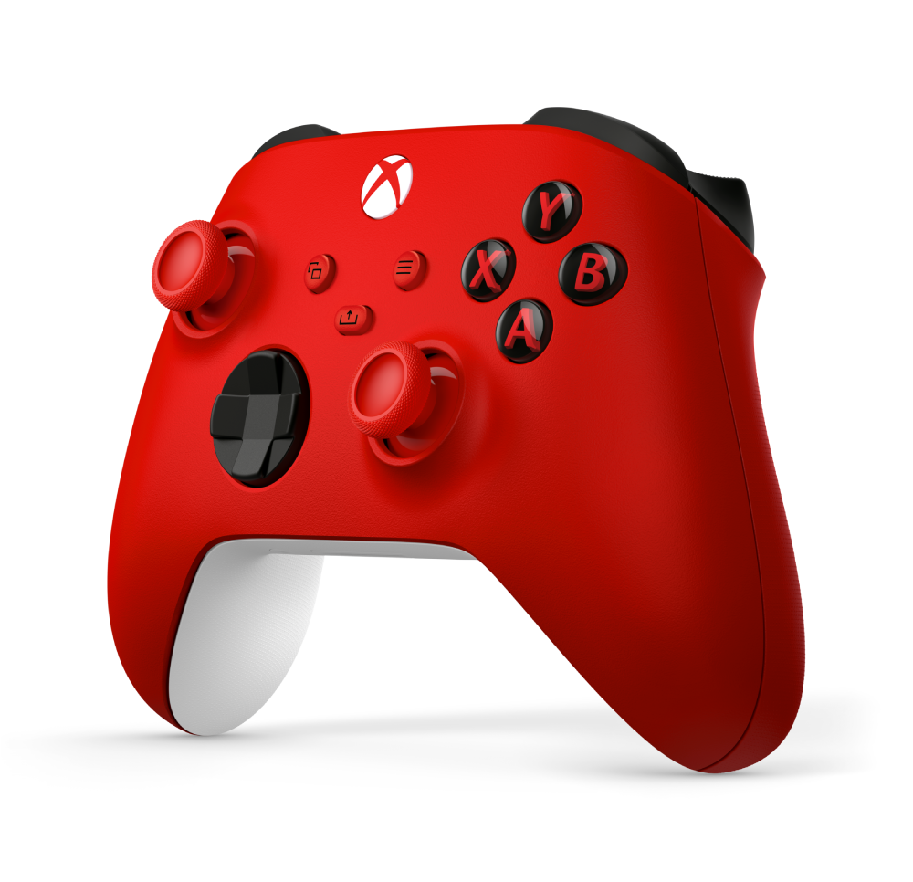 Mando Xbox Microsoft Pulse Red en vista angular, diseño ergonómico con joysticks, botones ABXY y conexión Bluetooth para Series X|S y PC