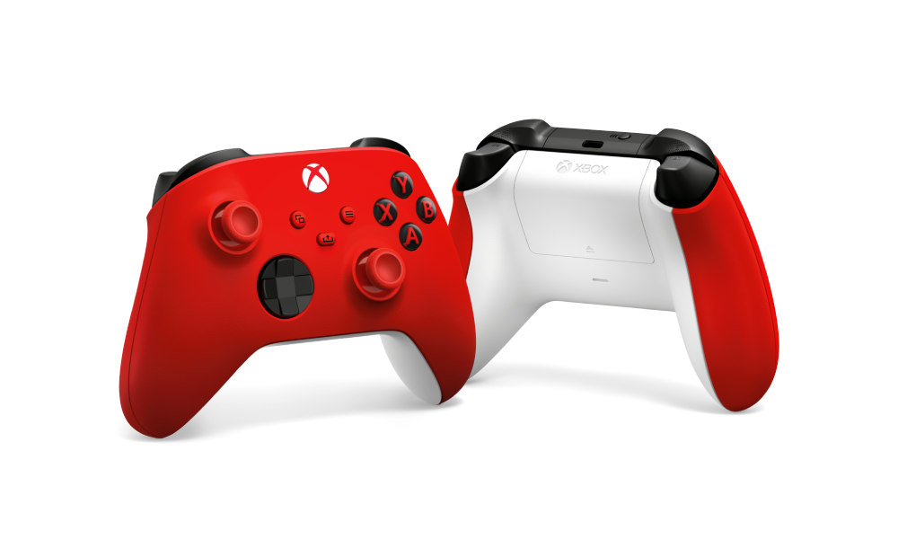 Mando Xbox Microsoft Pulse Red mostrando parte frontal y trasera con agarre texturizado y botones, compatible Series X|S, Xbox One y PC