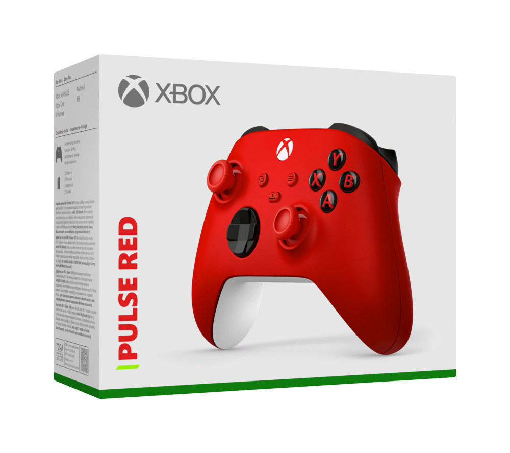 Mando rojo de Xbox en su embalaje Pulse Red, con logo de Xbox en la caja.