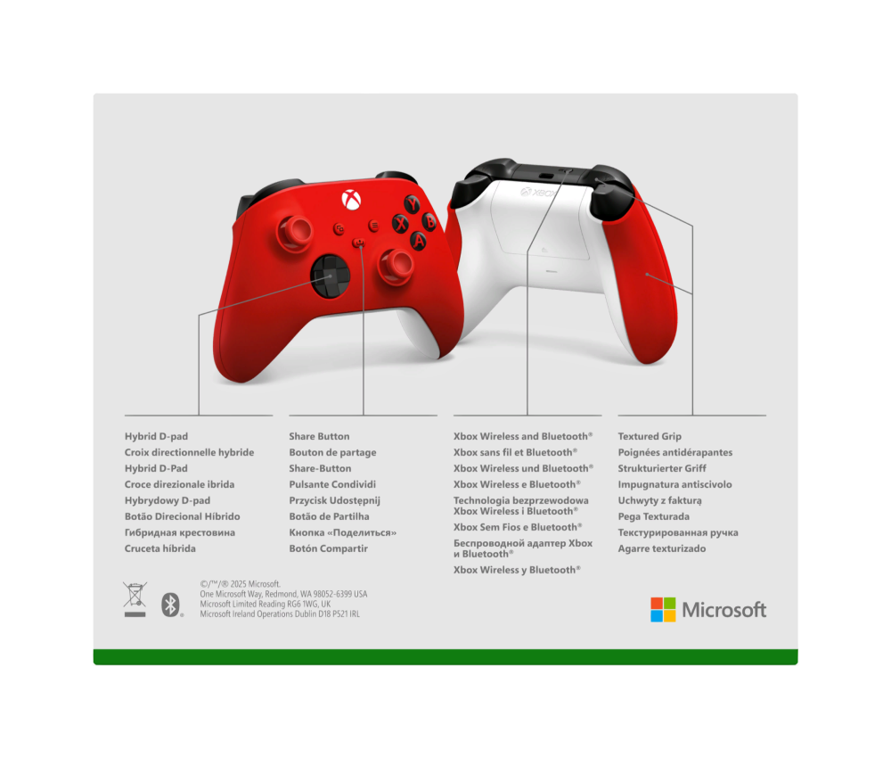 Mandos Xbox rojos y blancos con etiquetas para D-pad híbrido, Botón Compartir, Inalámbrico y Agarre.