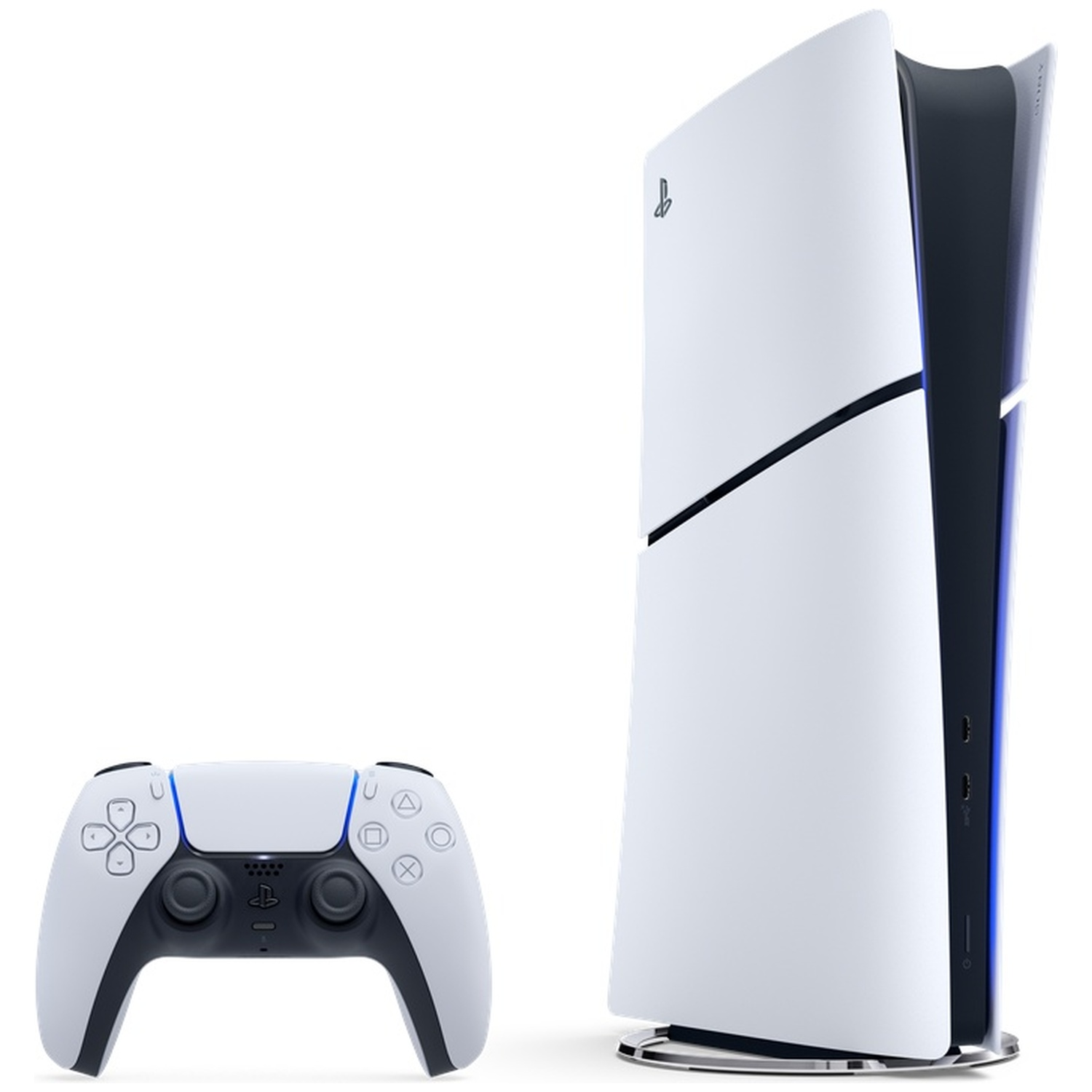 Witte PlayStation 5 console en controller op witte achtergrond.
