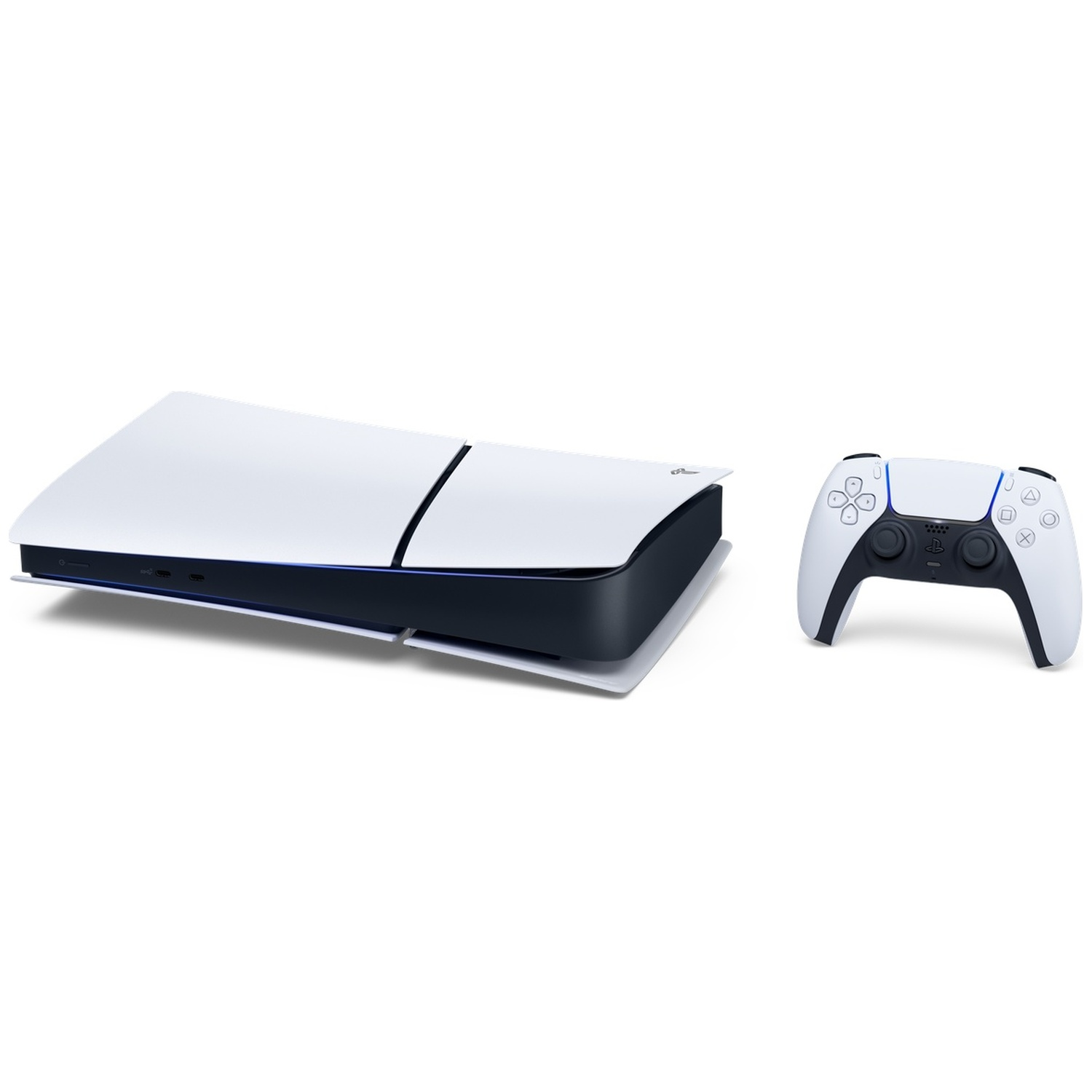 Witte spelconsole en een controller op een witte achtergrond.