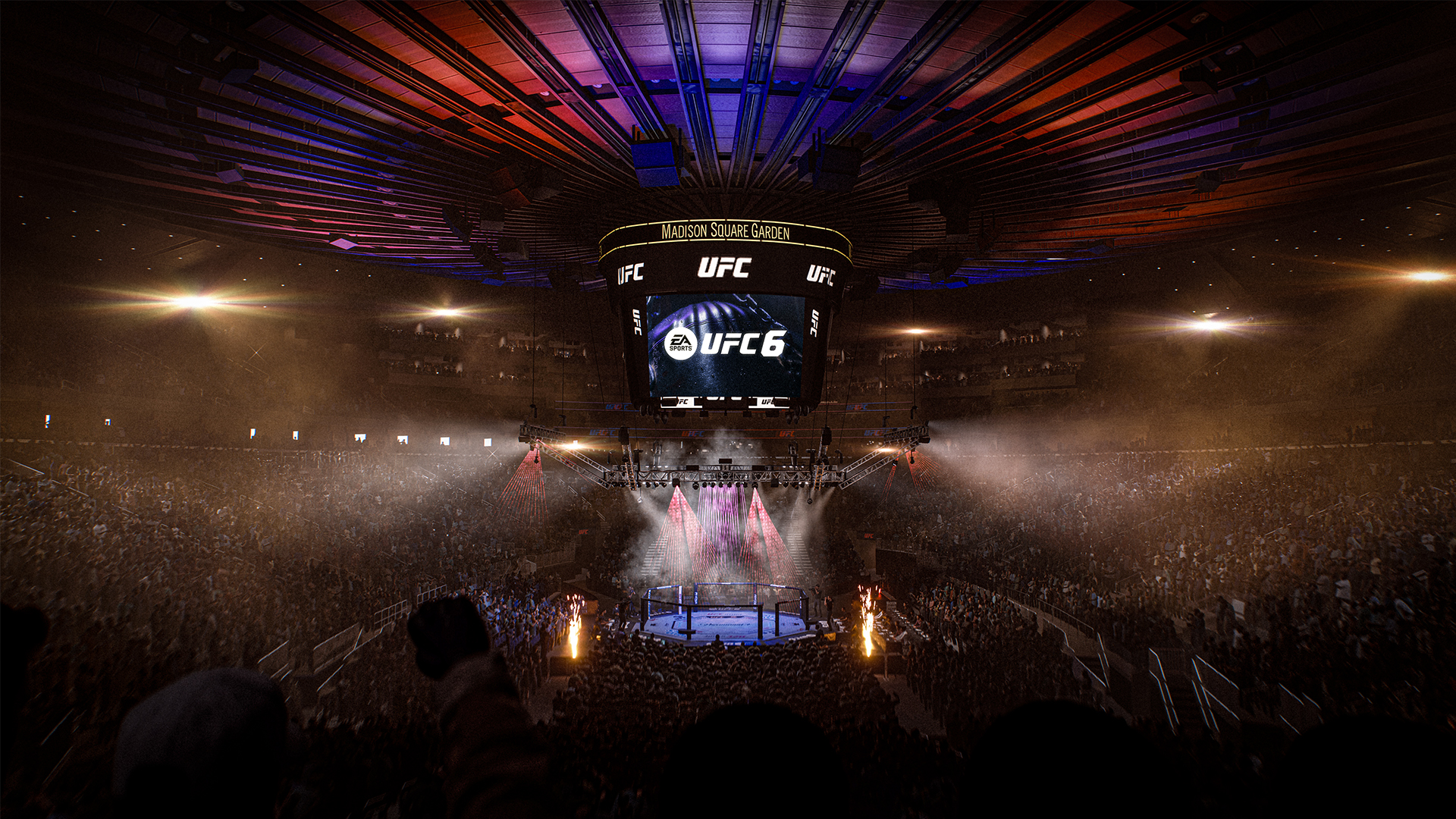 Una jaula de lucha en la arena del Madison Square Garden, iluminada por focos y fuegos artificiales.