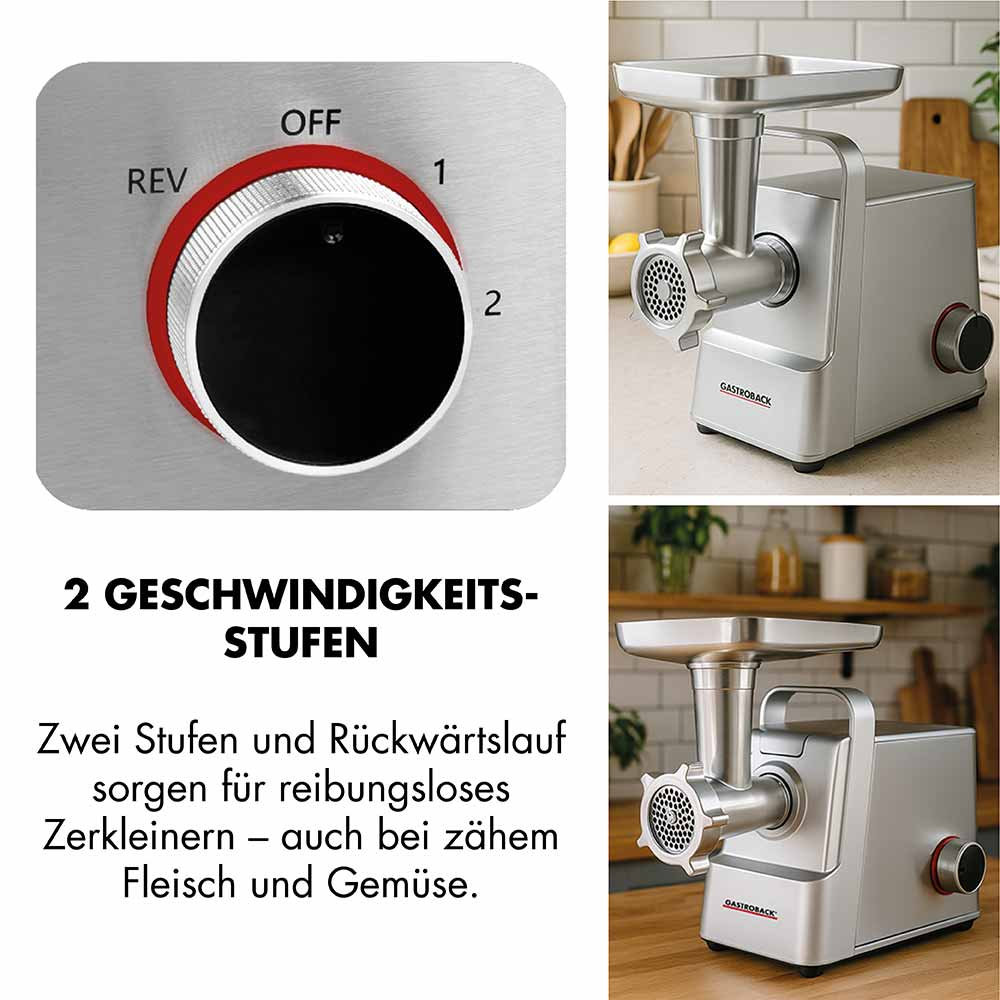 Fleischwolf mit 2 Geschwindigkeitsstufen und Rückwärtslauf.