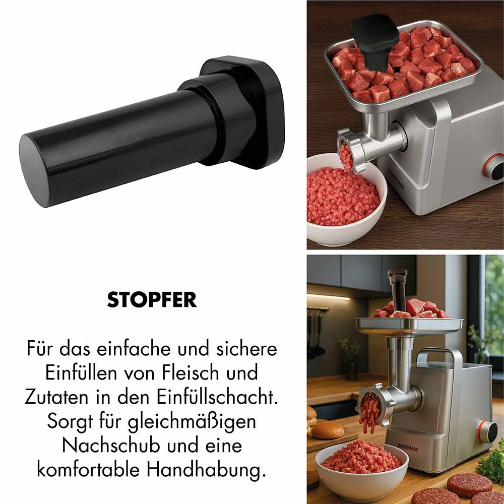 Fleischwolf mit Stopfer, Schüssel mit Hackfleisch und Fleischwürfel.
