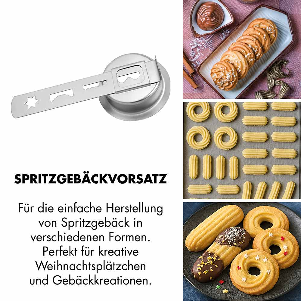 Spritzgebäck-Aufsatz und verschiedene Kekse, darunter Ringe und Stangen.