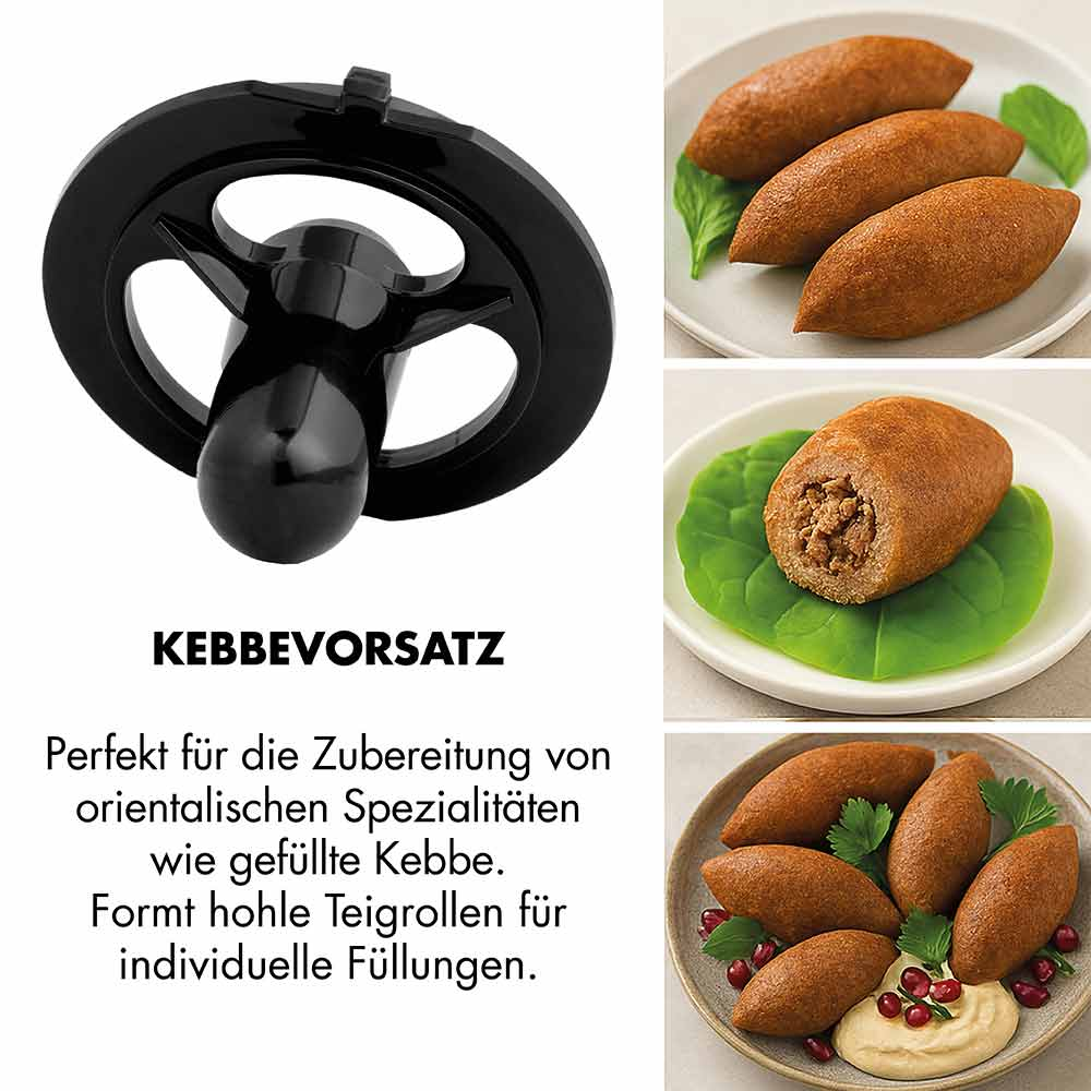 Ein schwarzer Kebbe-Aufsatz neben drei Ansichten von gefüllten Kebbe.