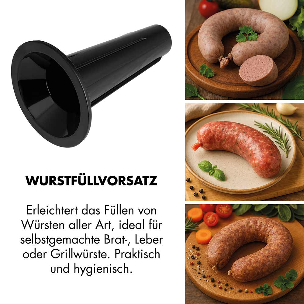 Schwarzer Wurstfüller und drei Arten von Würsten auf Holztellern.