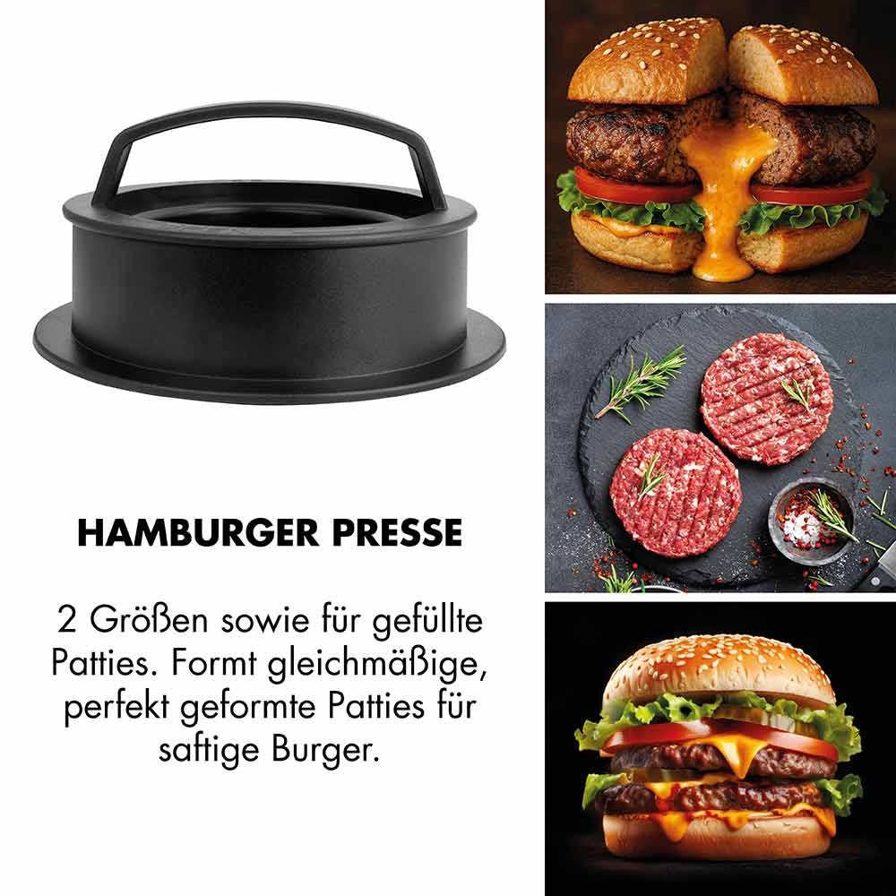 Hamburgerpresse mit rohen Patties, einem fertigen Burger und einem gefüllten Burger.