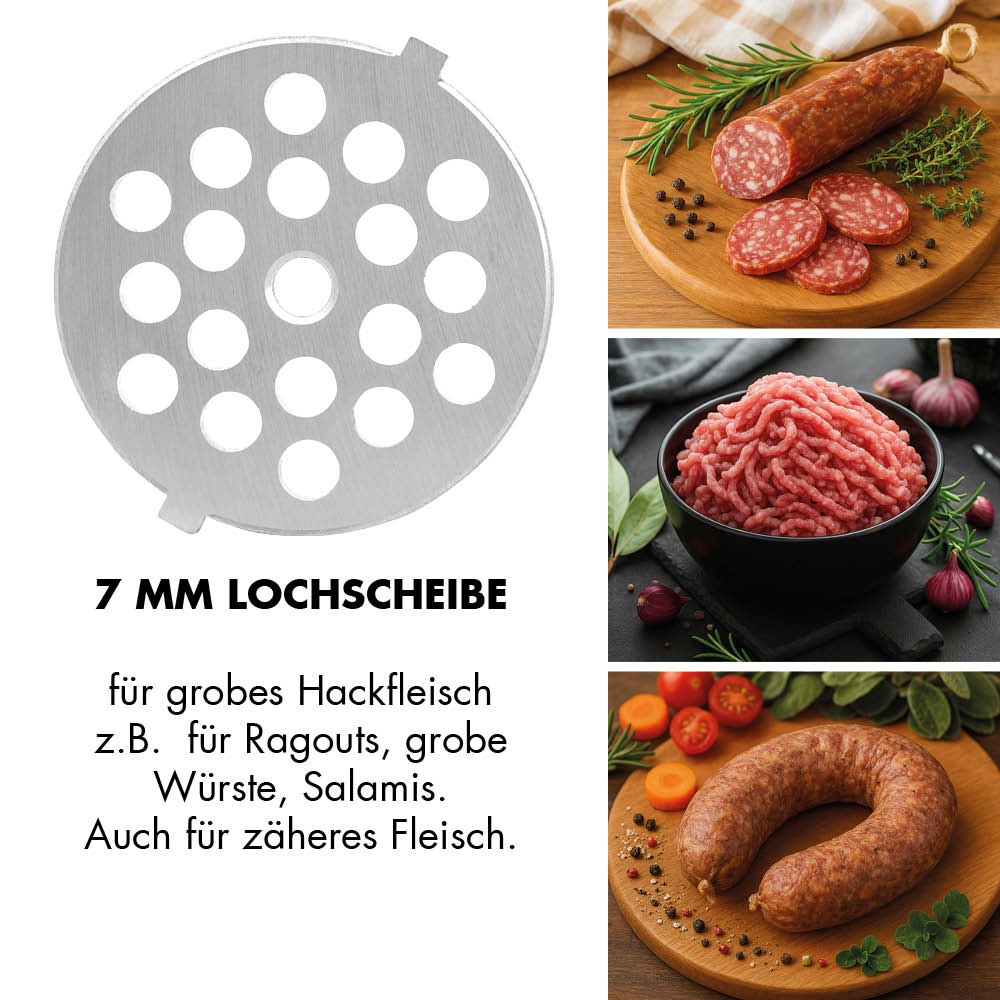 Ein Lochblech mit Text, Hackfleisch, Salami und Wurst.