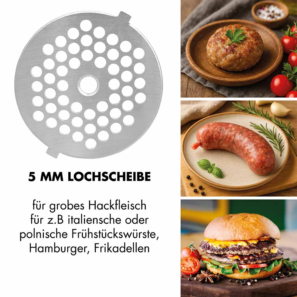 5mm Lochscheibe mit Fleischprodukten: Hackfleisch, Wurst, Burger.