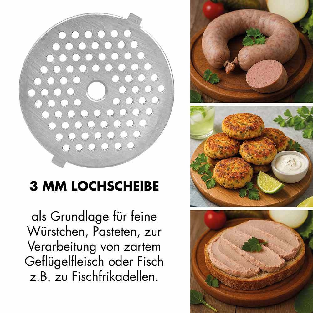 Edelstahl-Lochscheibe für Fleischwolf, daneben Wurst, Frikadellen und Pastete.