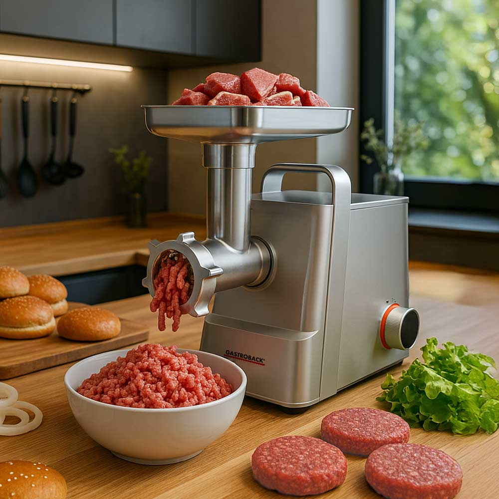 Eine Fleischmühle verarbeitet rohes Fleisch zu Hackfleisch. Burgerbrötchen liegen bereit.