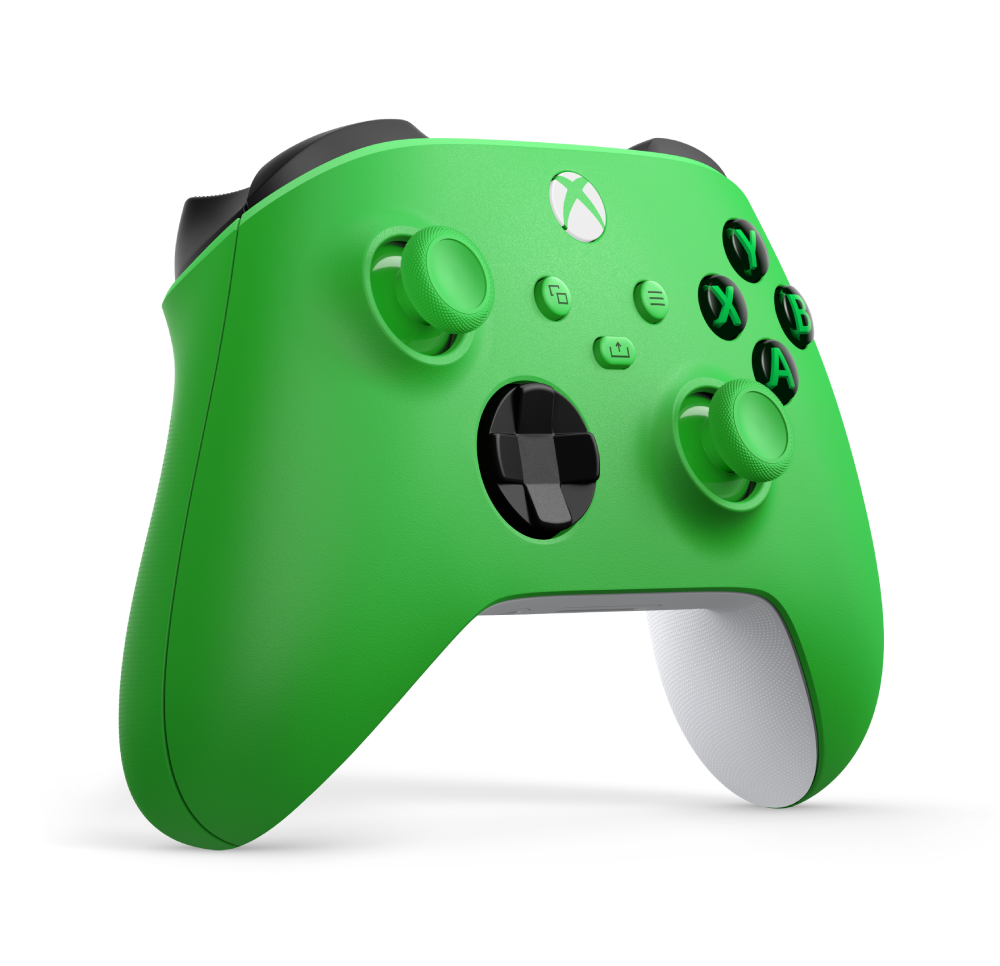 Un mando de Xbox verde brillante con botones negros y agarres blancos.