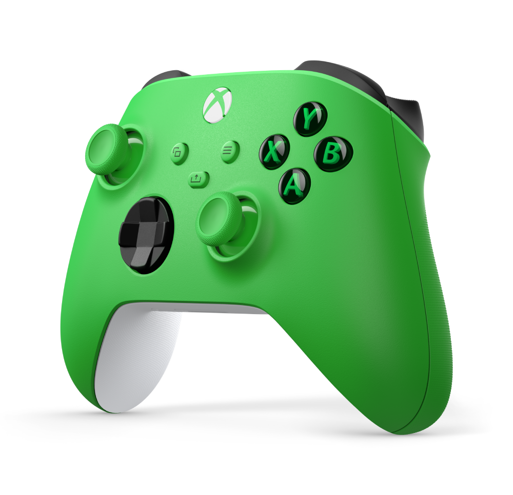 Mando Xbox Microsoft Velocity Green en vista angular, diseño ergonómico con joysticks, botones ABXY y conexión Bluetooth para Series X|S y PC