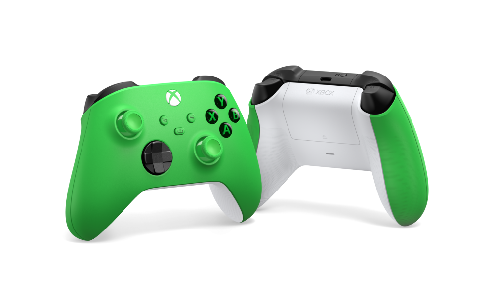 Mando Xbox Microsoft Velocity Green mostrando parte frontal y trasera con agarre texturizado y botones, compatible Series X|S, Xbox One y PC