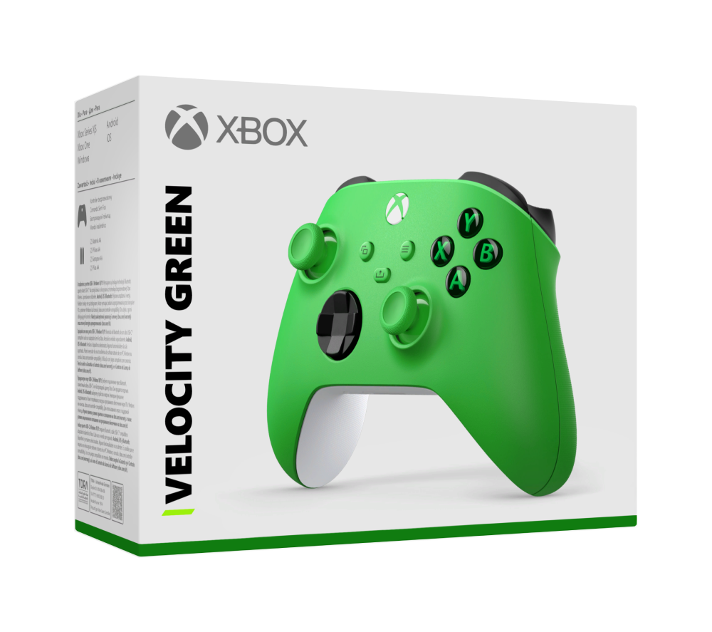 Mando verde de Xbox en su caja, etiquetado Velocity Green.