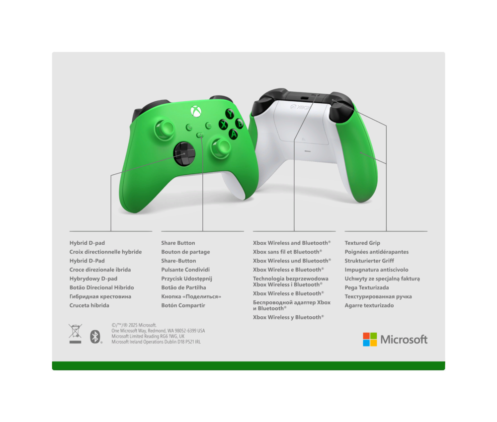 Un mando Xbox verde y blanco con etiquetas para D-pad híbrido y agarre texturizado.