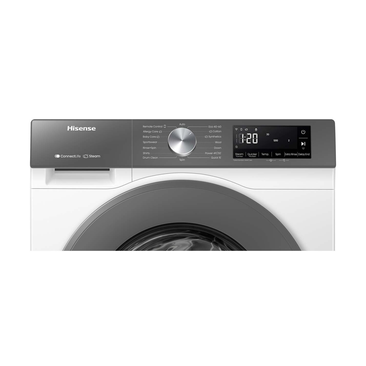 Pannello di controllo lavatrice Hisense con selezione programmi e display digitale.