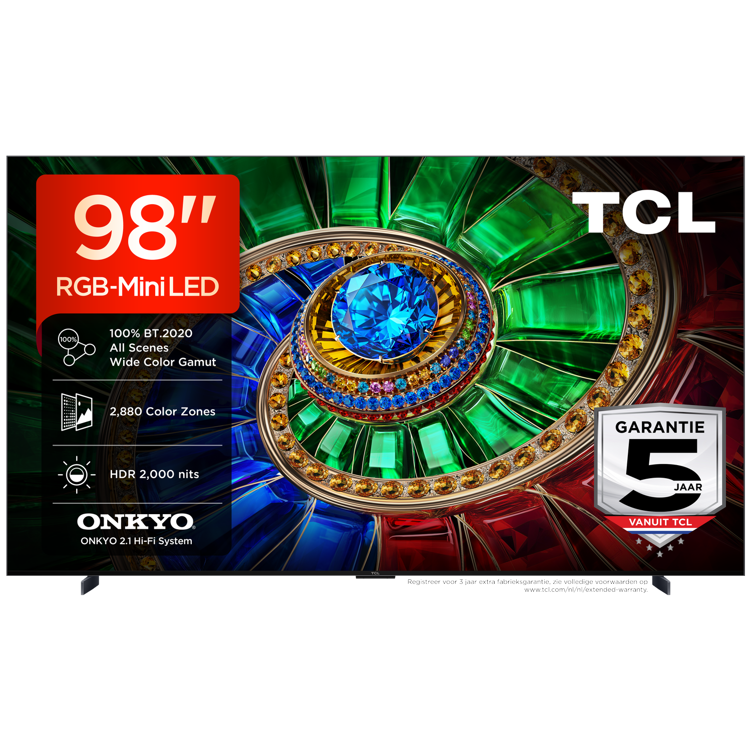 TCL 98" RGB-Mini LED TV with 2880 zones, HDR 2000 nits, Onkyo audio.