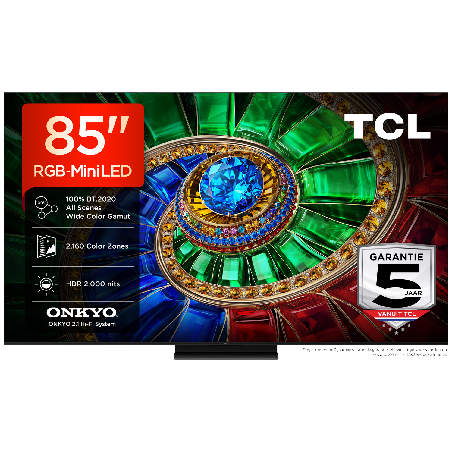 TCL 85-inch Mini-LED TV with RGB technology, 2160 zones, HDR.
