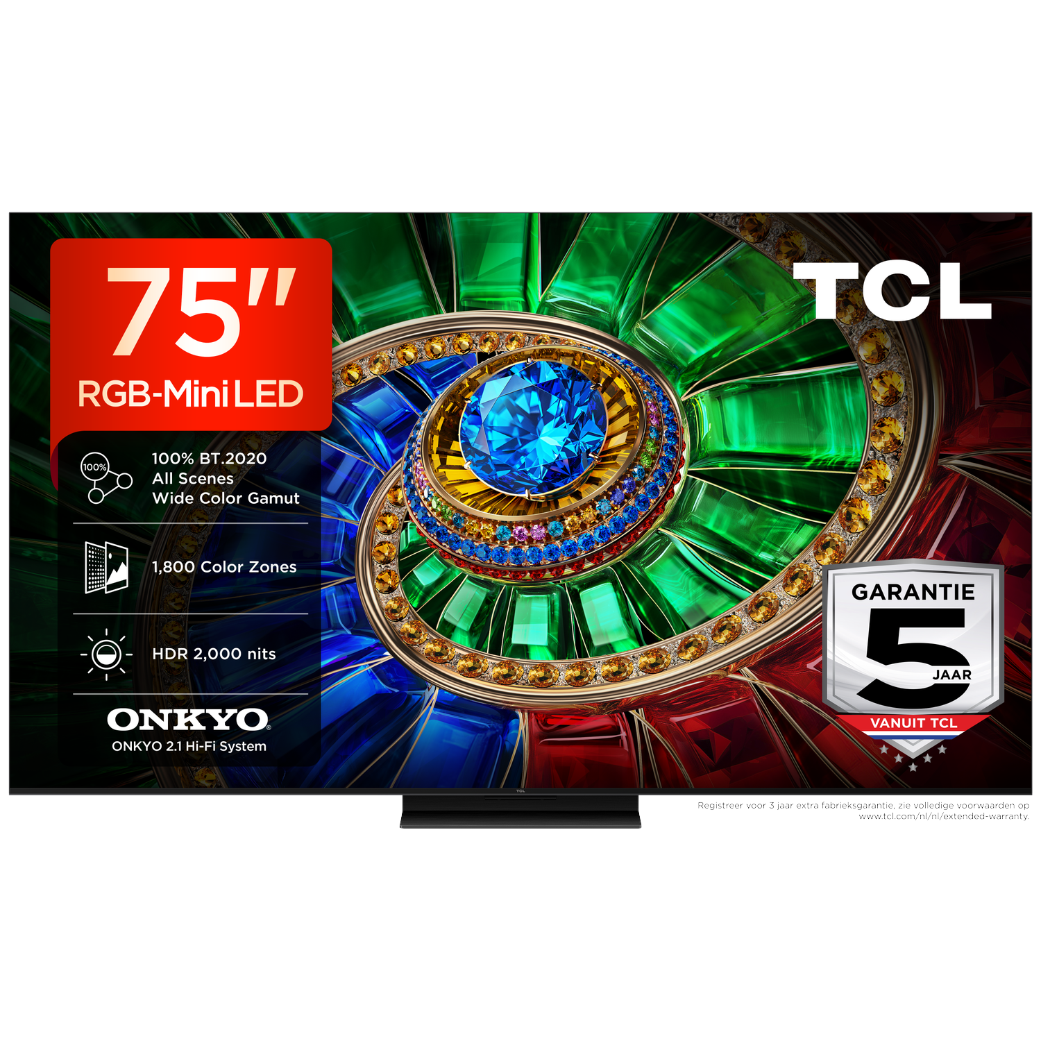 TCL 75-inch Mini LED TV with RGB, 1800 zones, HDR, Onkyo sound.