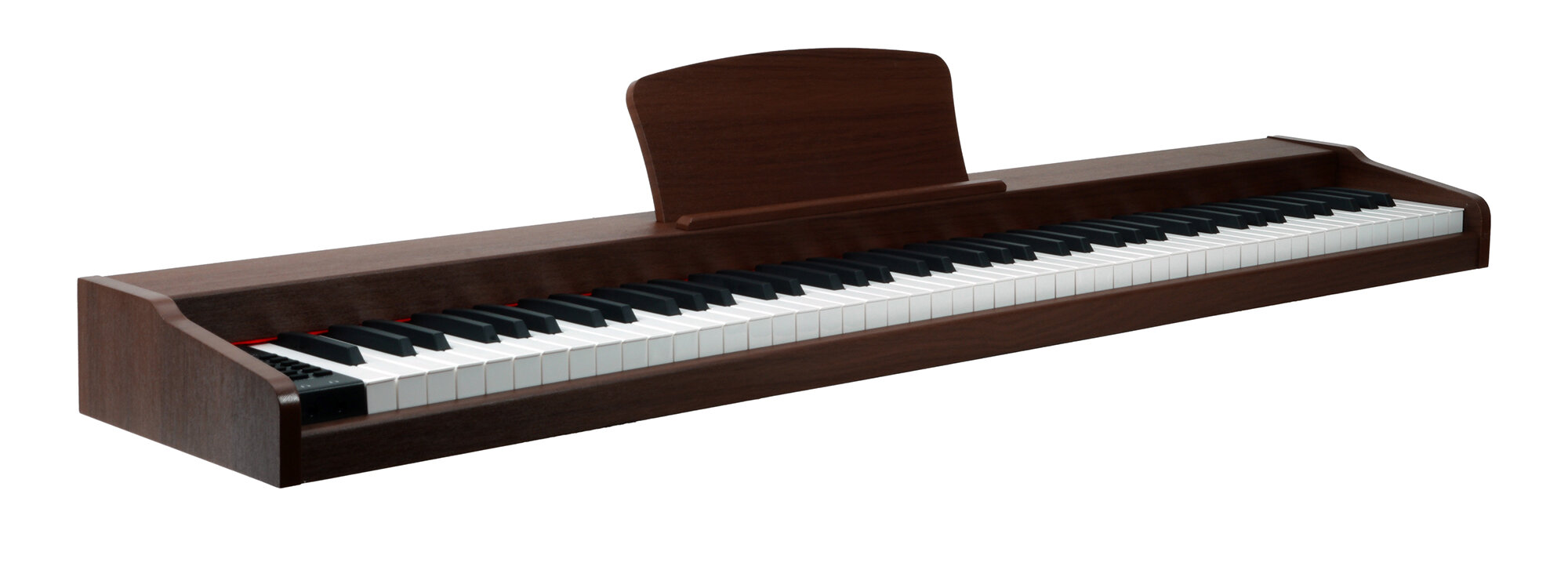 Ciemne drewniane pianino z pulpitem.