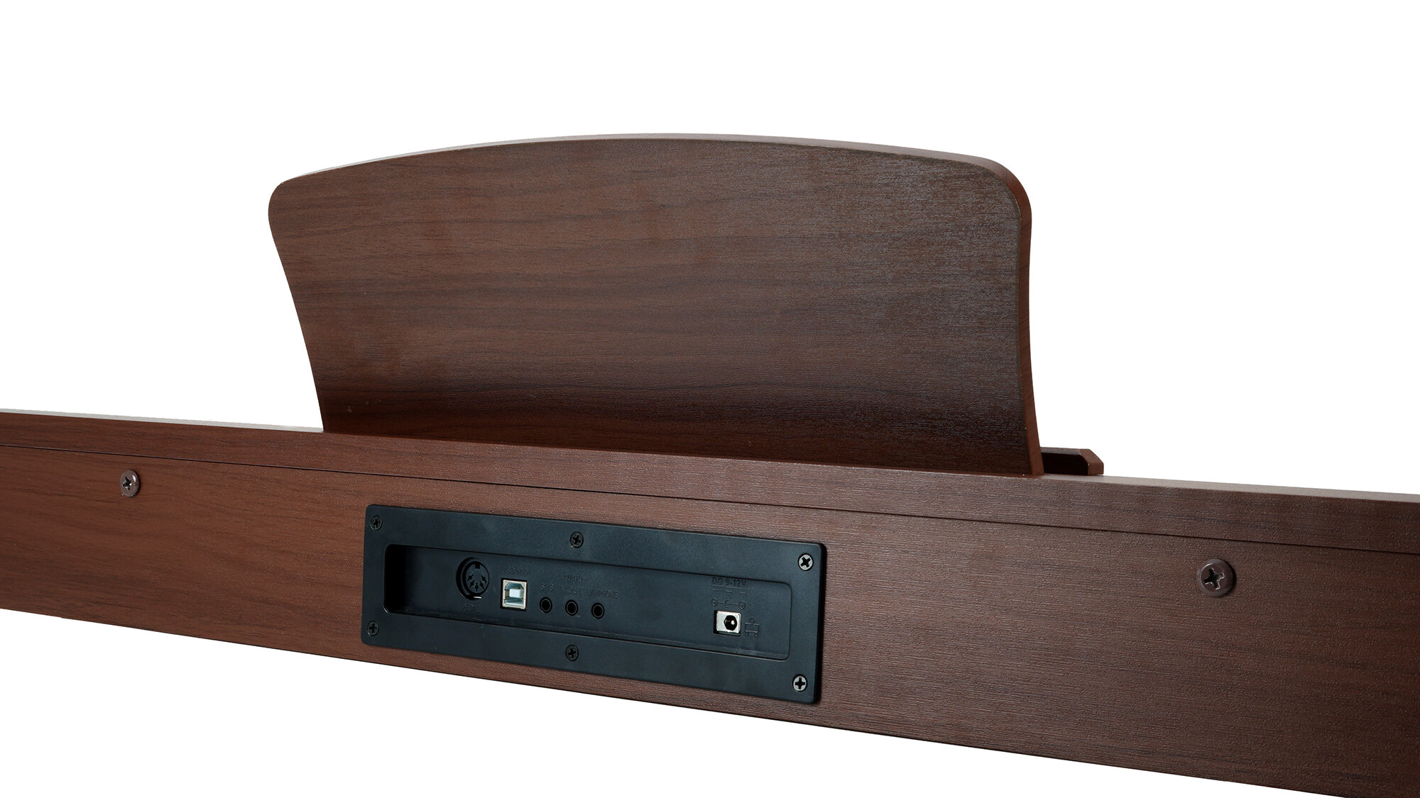 Drewniana powierzchnia z portami: USB, MIDI, słuchawki, zasilacz.