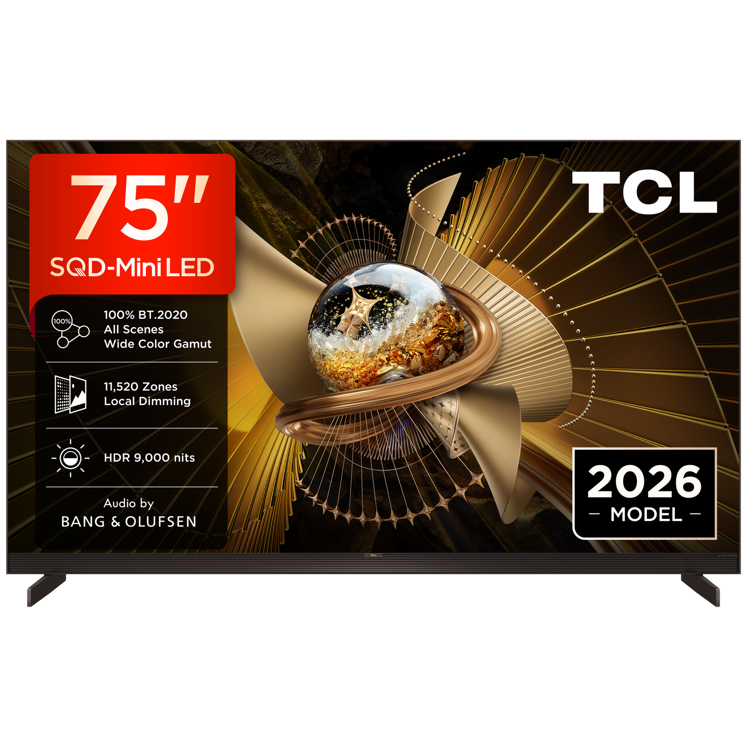 75" TCL SQD-Mini LED TV with 11,520 Zones, HDR 9,000 nits, Bang & Olufsen audio.