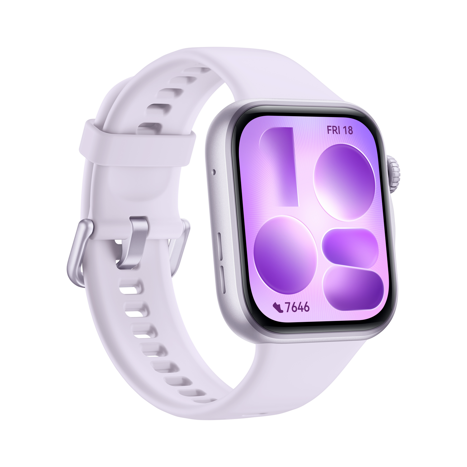 Un reloj inteligente blanco con carcasa plateada y pantalla púrpura con hora y pasos.