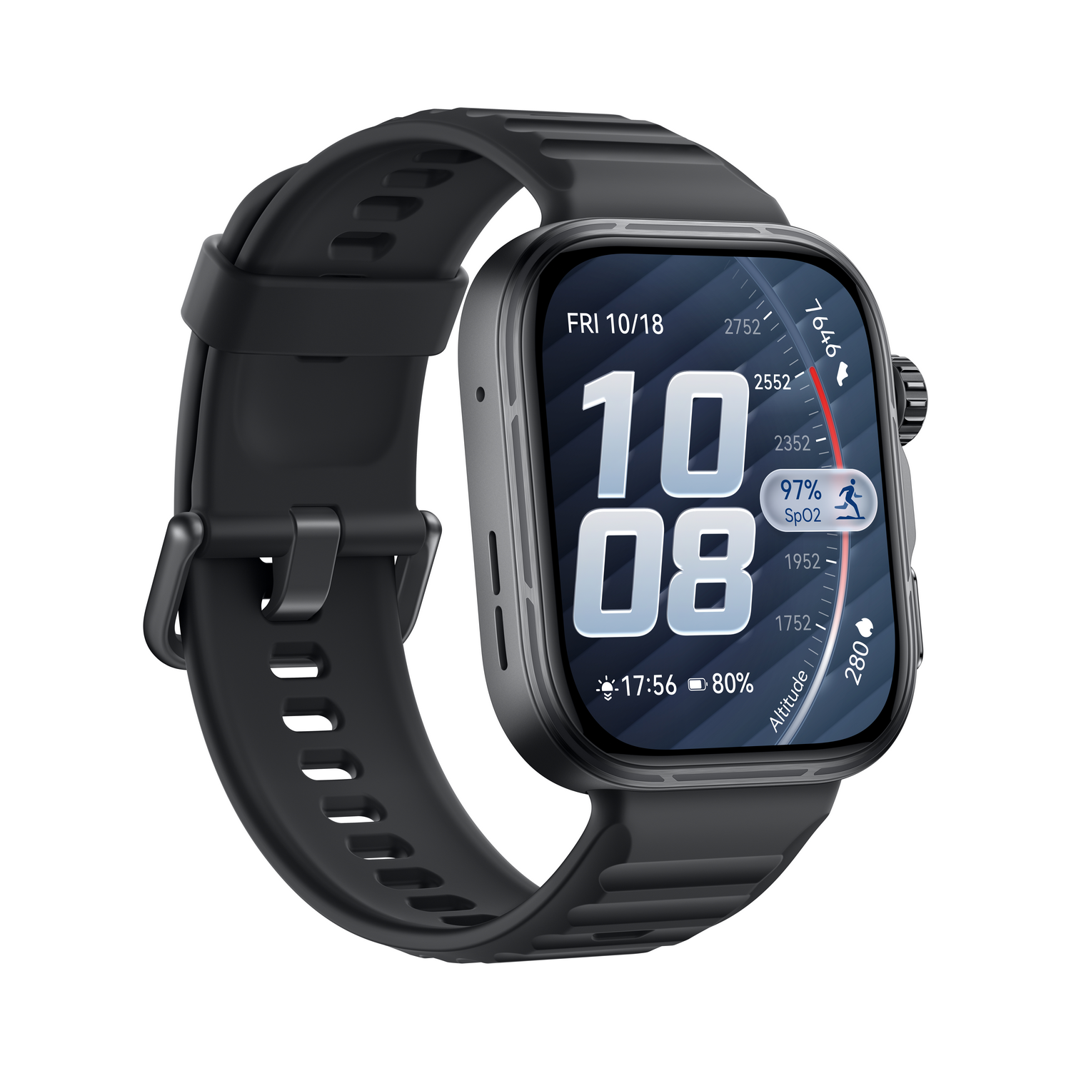 Un smartwatch negro muestra la hora 10:08, fecha vie 18/10, SpO2 97%, altitud y 80% batería.