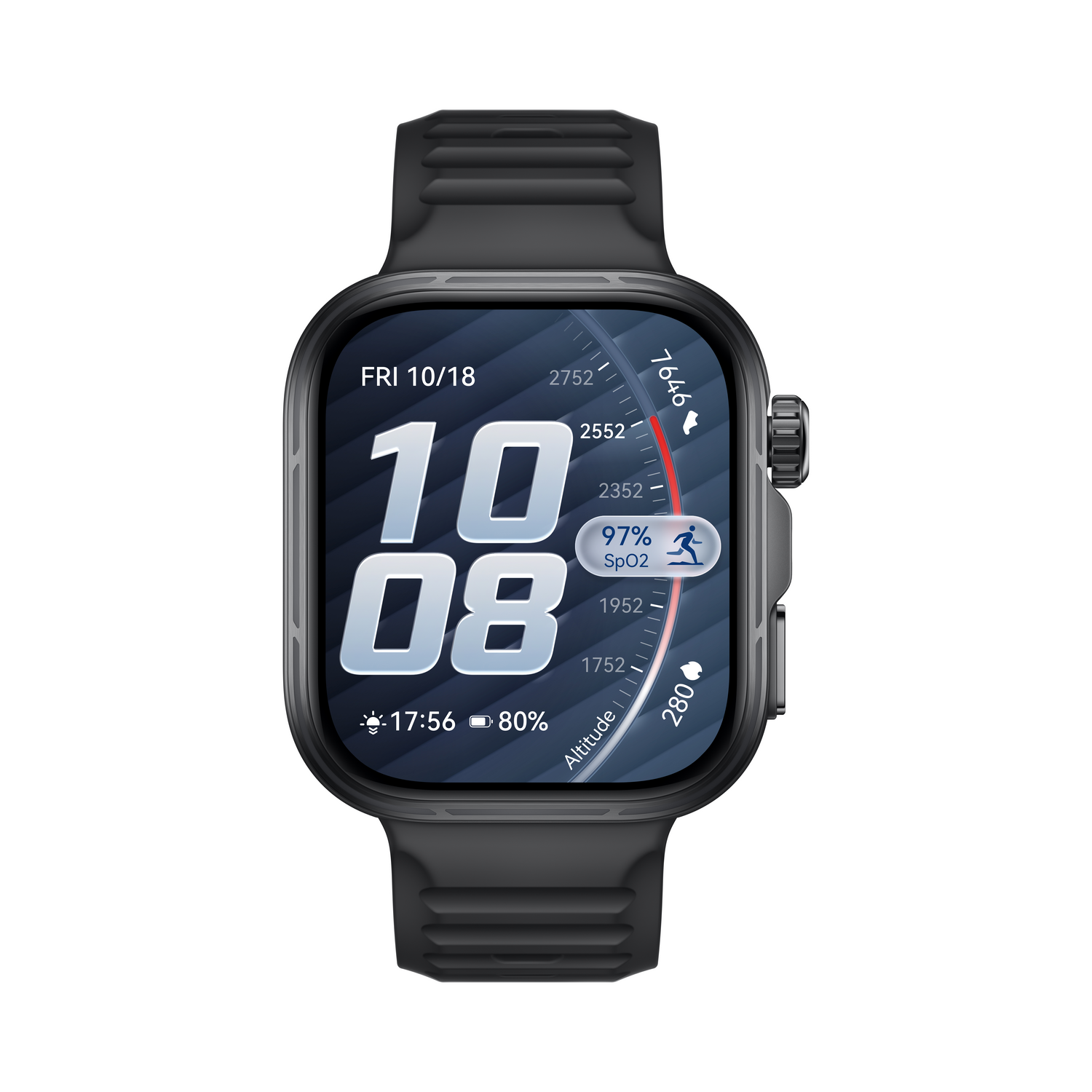 Reloj inteligente negro con pantalla grande muestra hora, fecha, SpO2 y altitud.