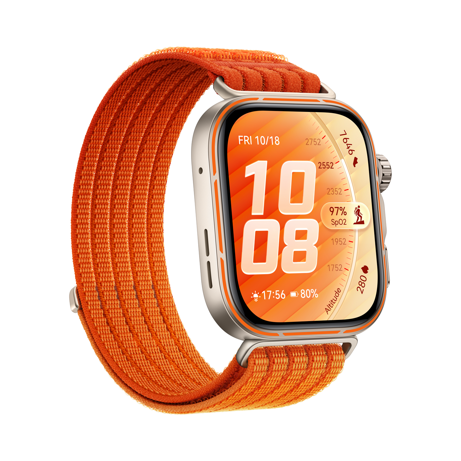 Un reloj inteligente con correa tejida naranja muestra las 10:08, 97% SpO2 y altitud.