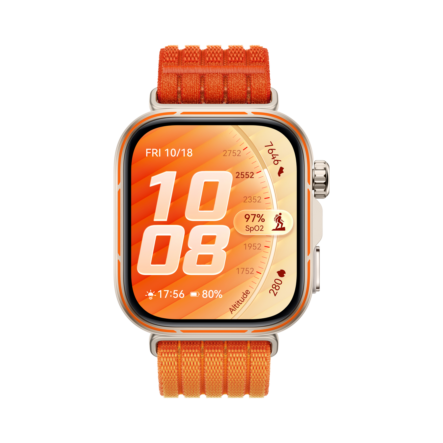Un reloj inteligente naranja que muestra las 10:08, 97% SpO2 y 80% de batería.