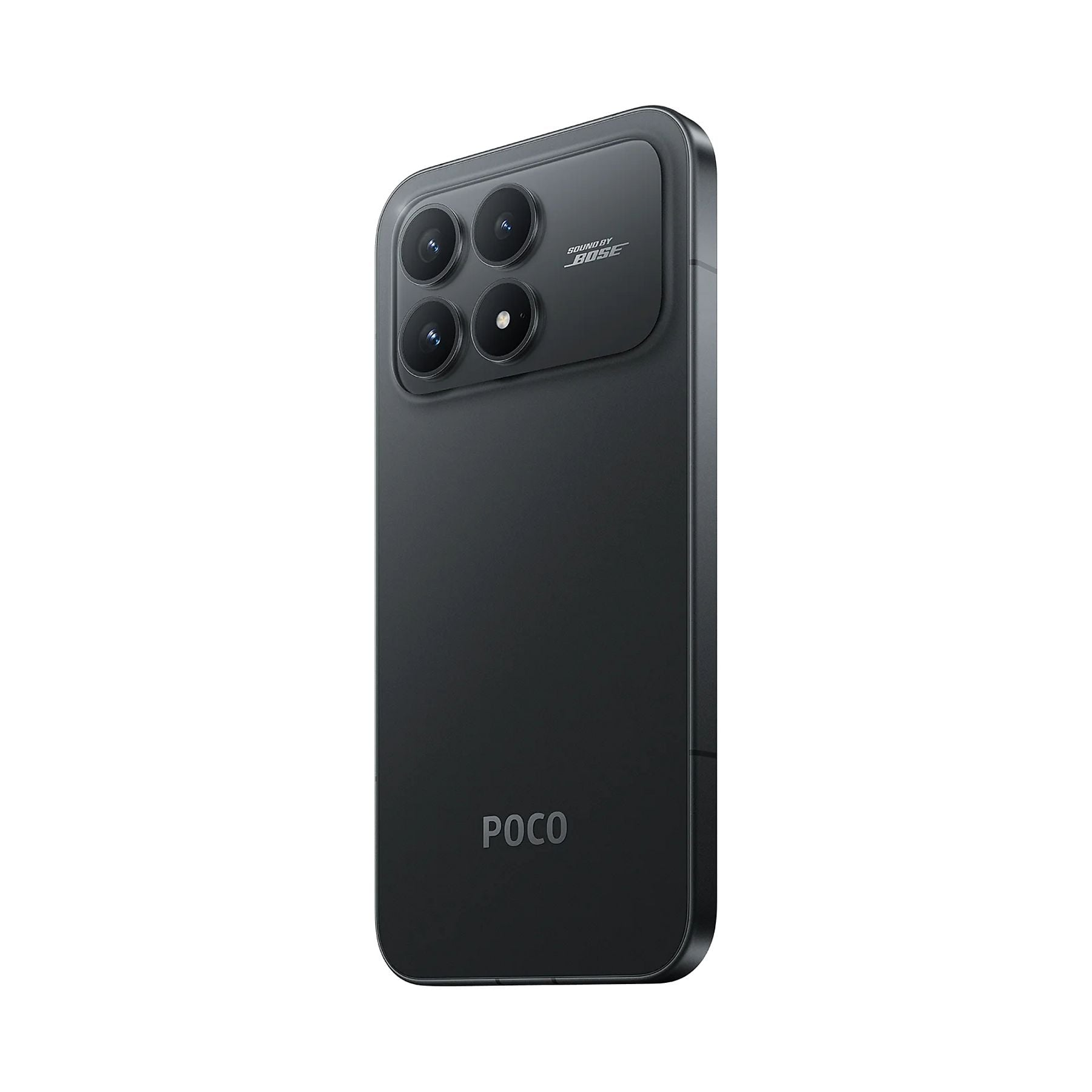 Teléfono inteligente negro con cuatro cámaras y el logo de POCO.