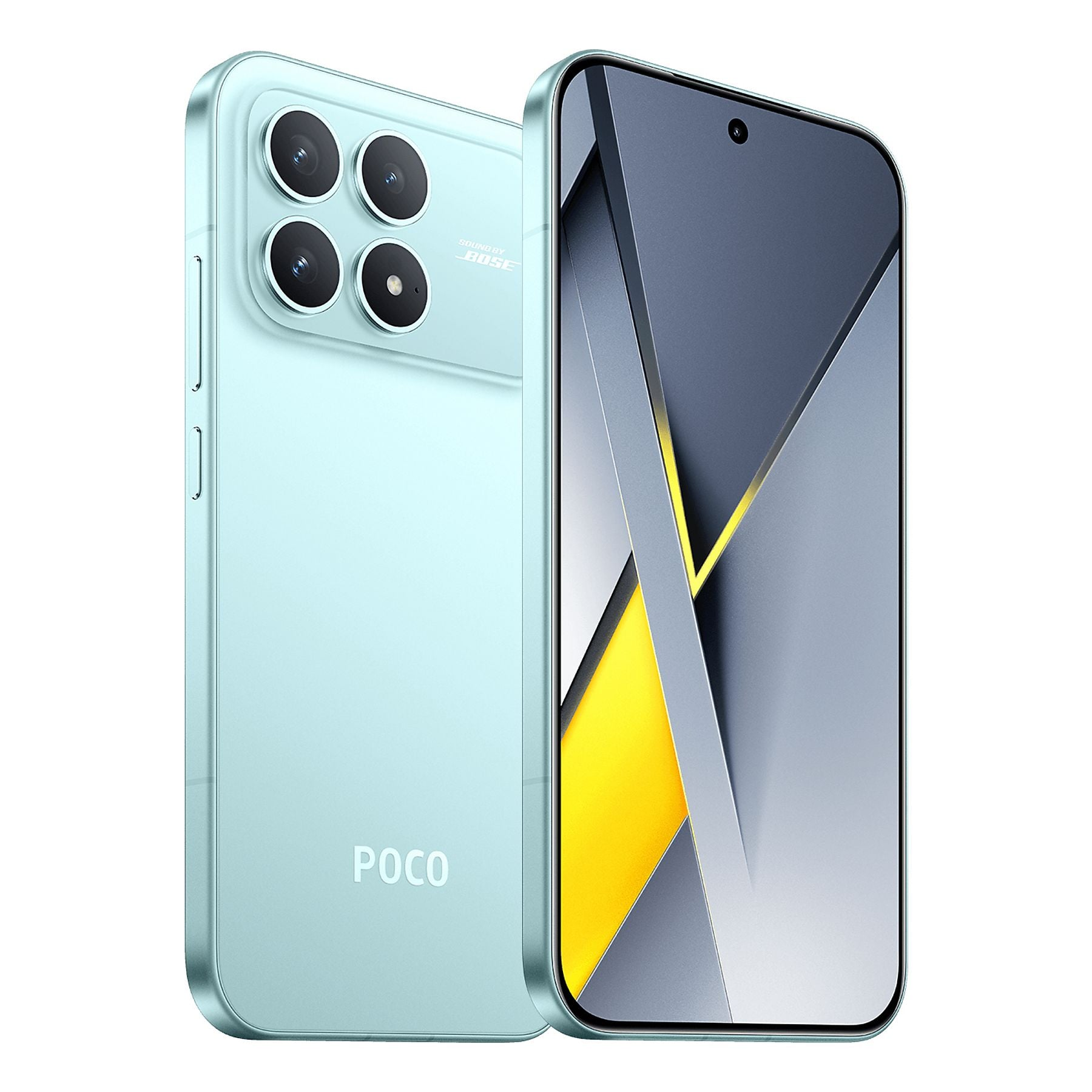 Un smartphone verde claro con cuatro cámaras y logo POCO.