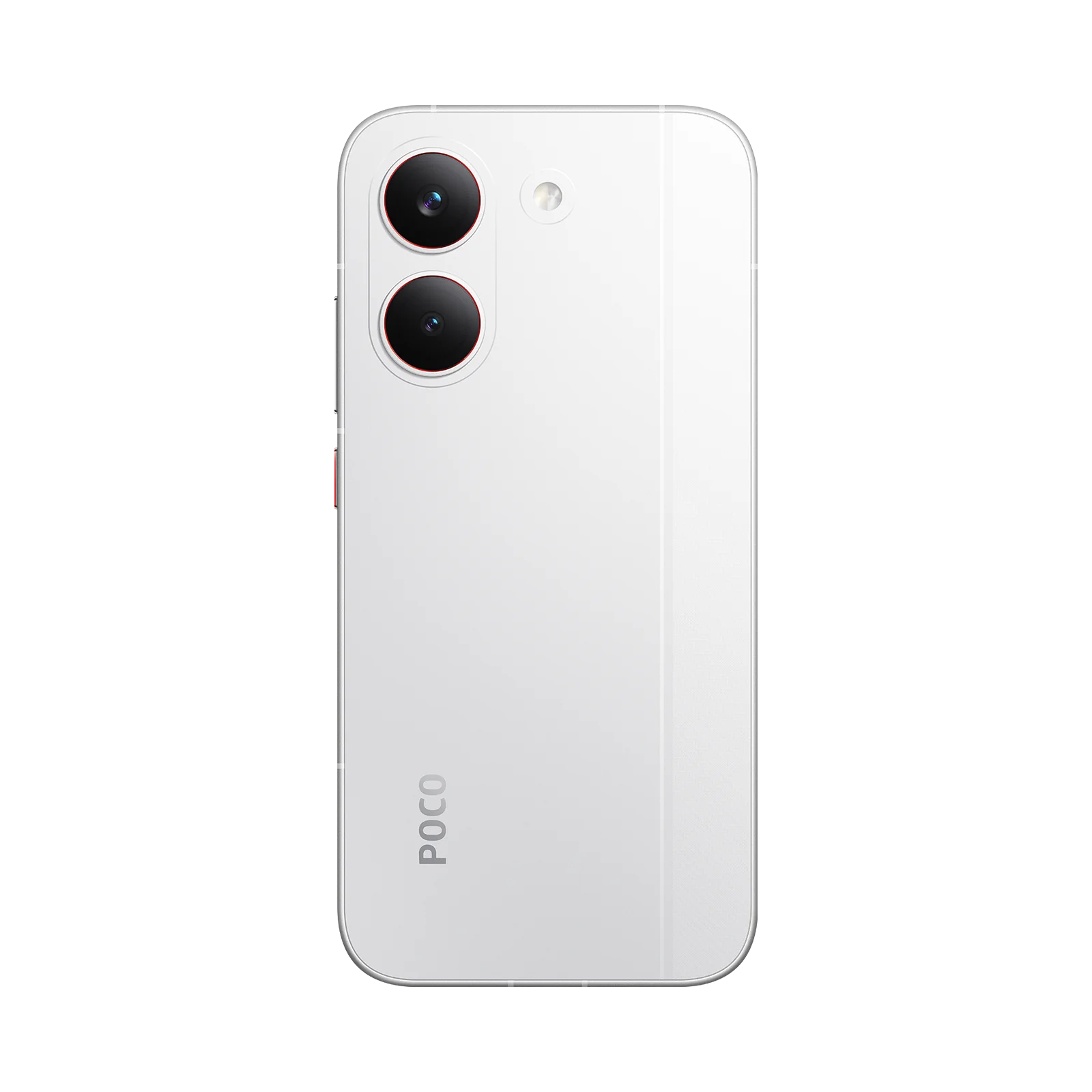Un smartphone blanco con dos cámaras y logo POCO sobre fondo negro.