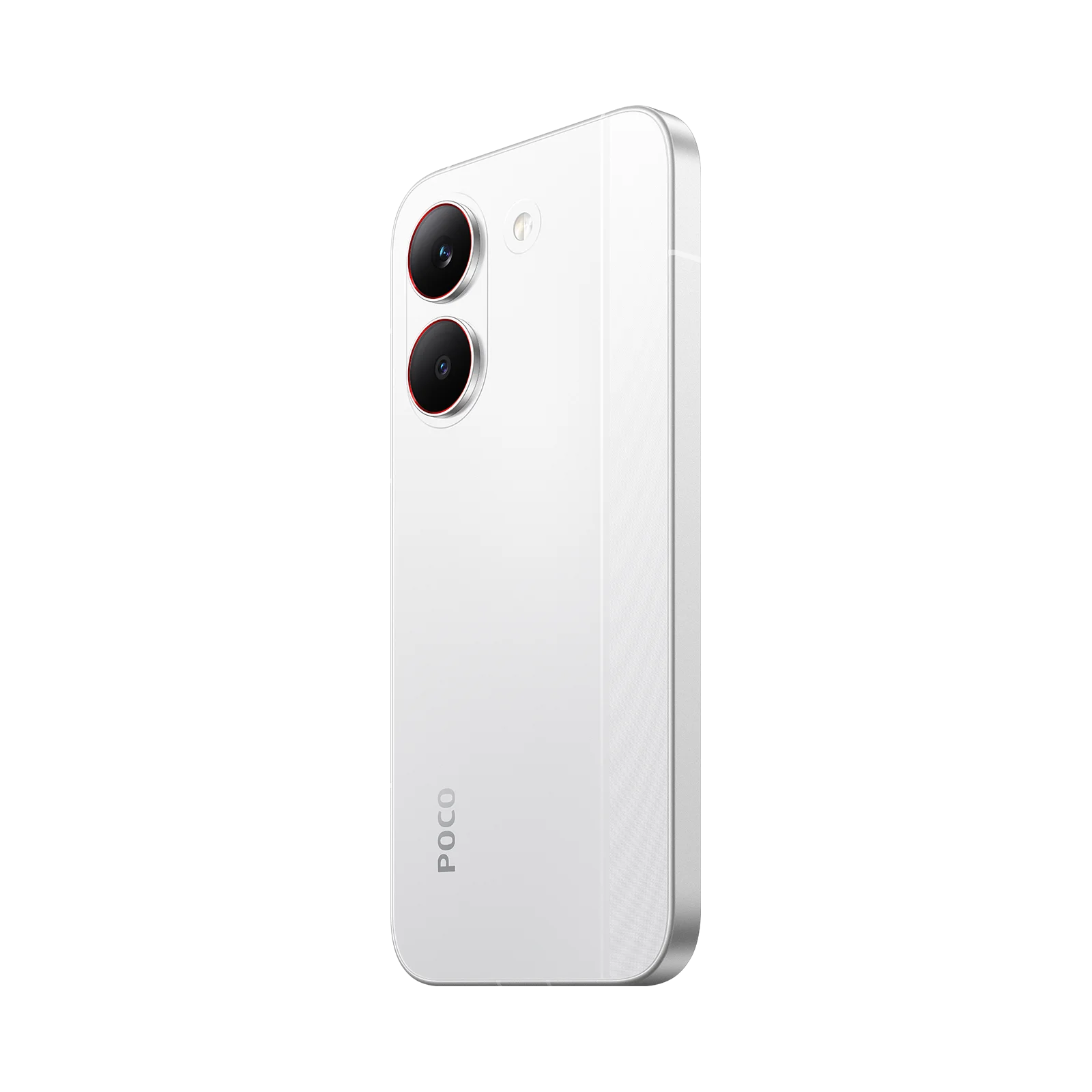 Un smartphone blanco con doble cámara y logo POCO sobre fondo negro.