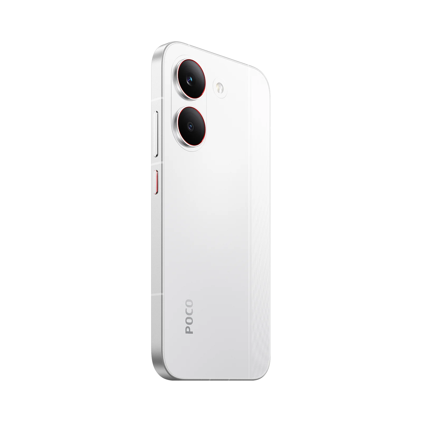 Un smartphone blanco con dos cámaras y anillos rojos, sobre fondo negro.