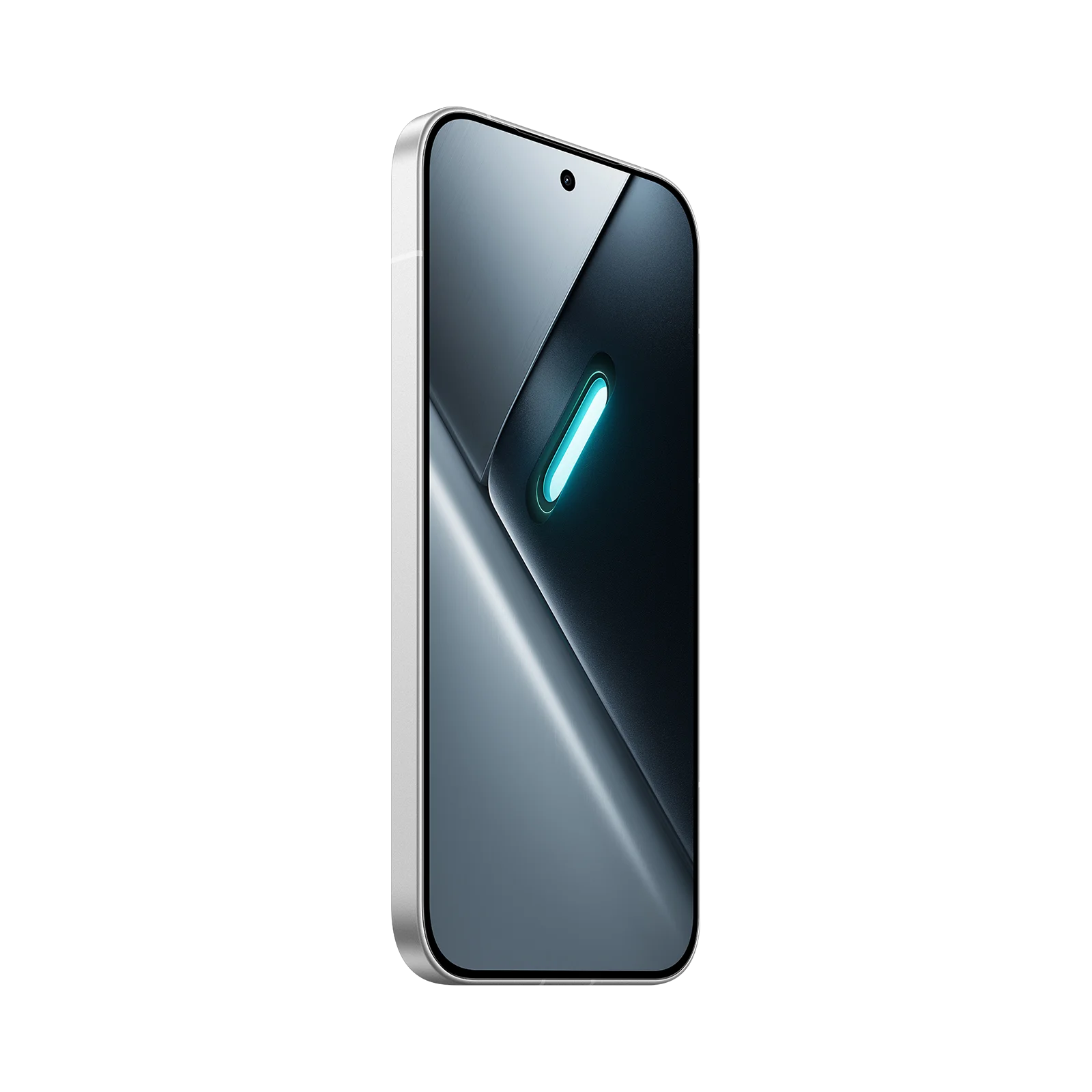 Un smartphone moderno con marco plateado y elemento azul brillante.
