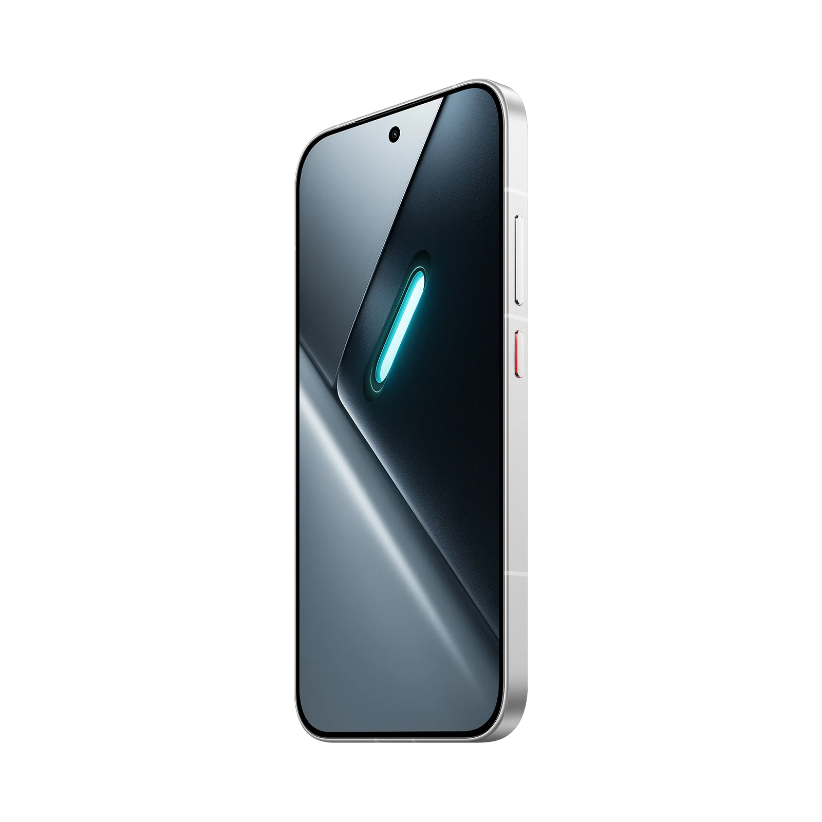 Un smartphone plateado con un acento azul brillante sobre fondo oscuro.