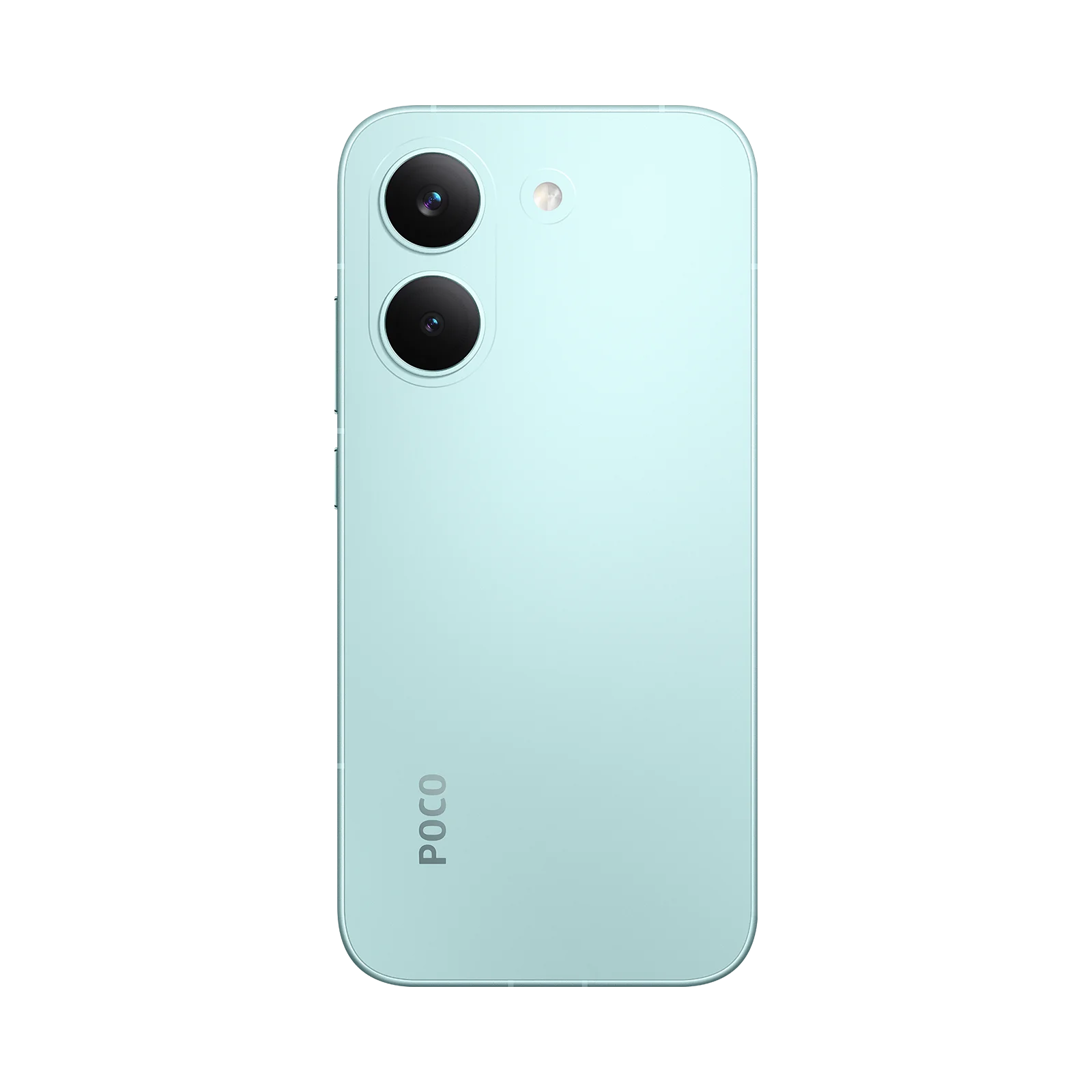 Reverso de un smartphone verde claro con dos cámaras y el logo de POCO.