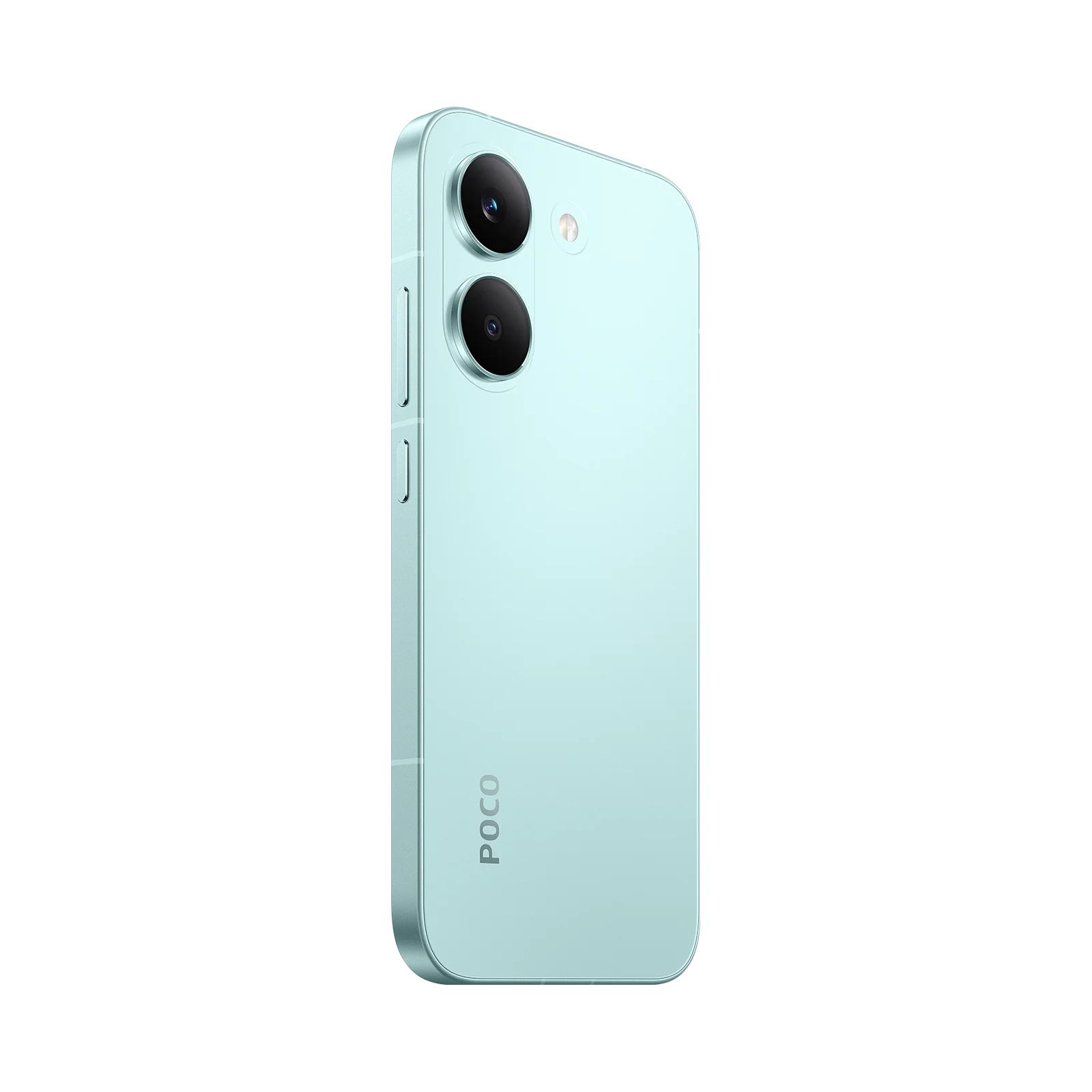 Un smartphone verde claro con dos cámaras traseras, sobre fondo negro.