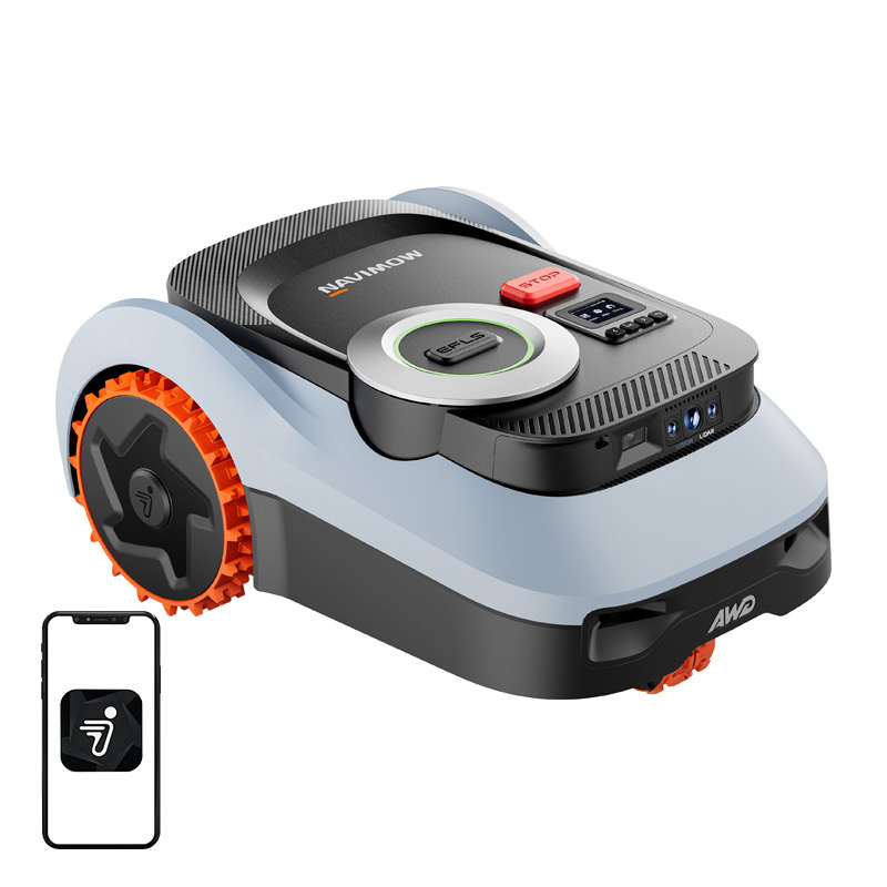 Világoskék és fekete robotfűnyíró narancssárga kerekekkel és okostelefon ikonnal.