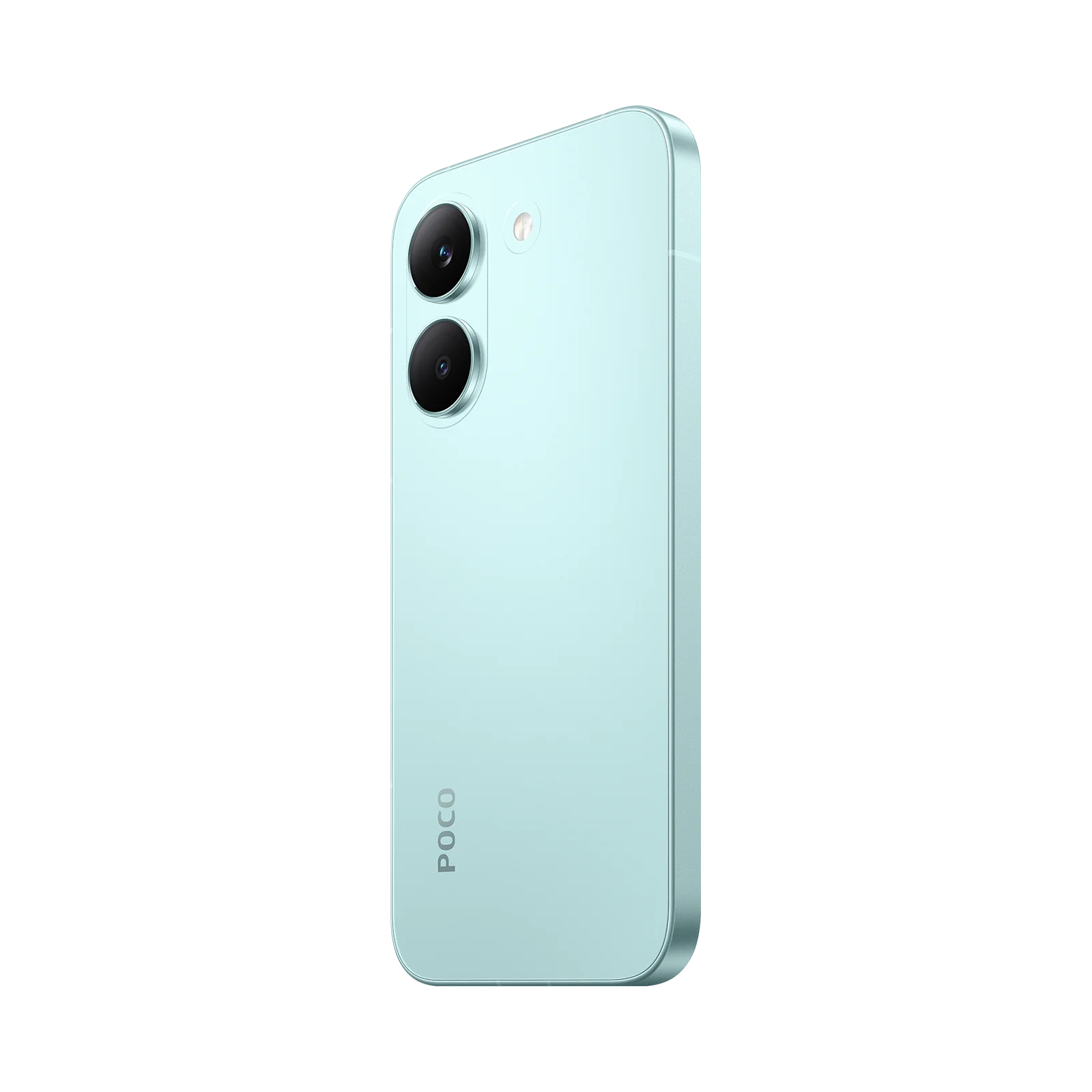 Un smartphone verde claro con dos cámaras y el logo de POCO sobre fondo negro.