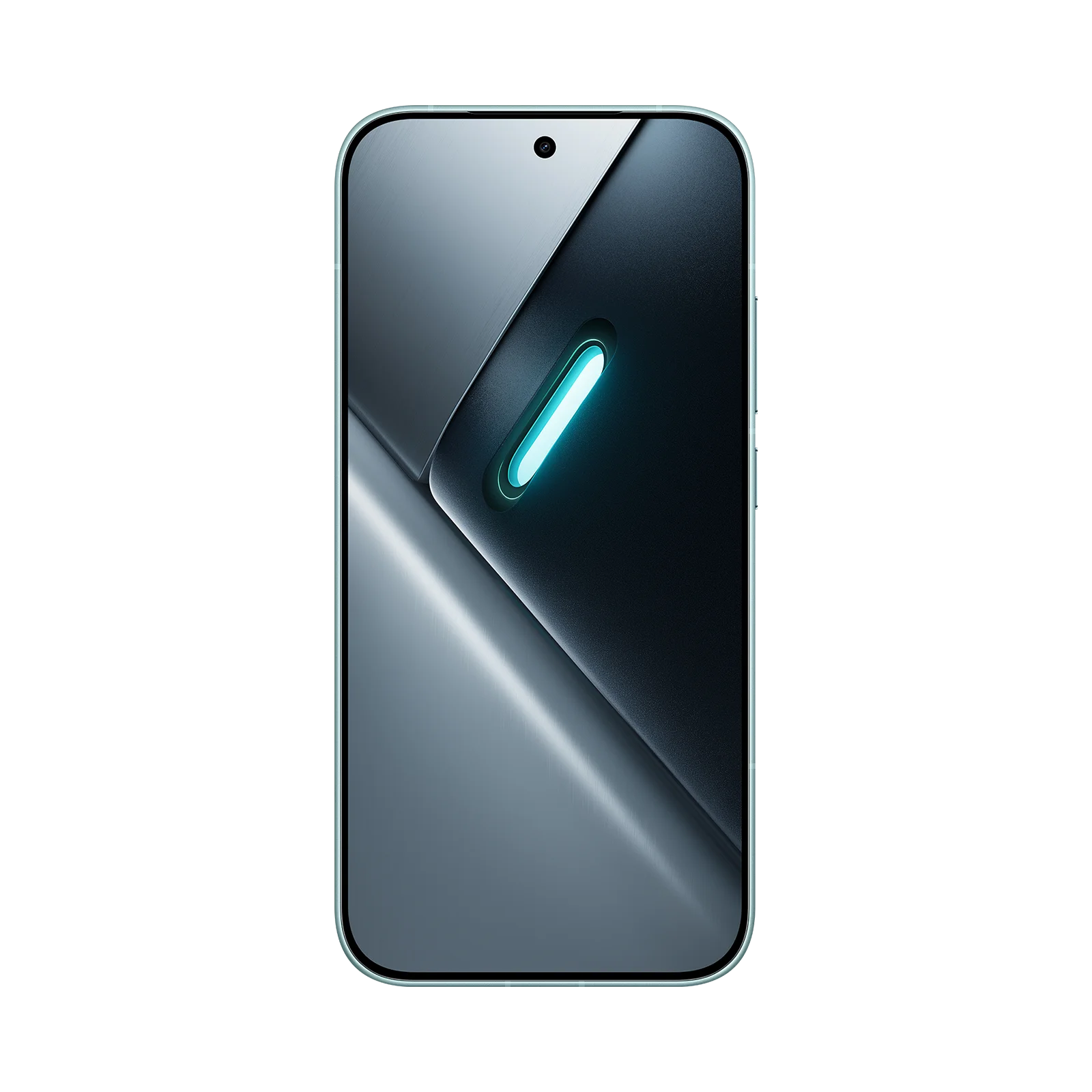 Un smartphone elegante con una franja de luz azul brillante sobre fondo oscuro.