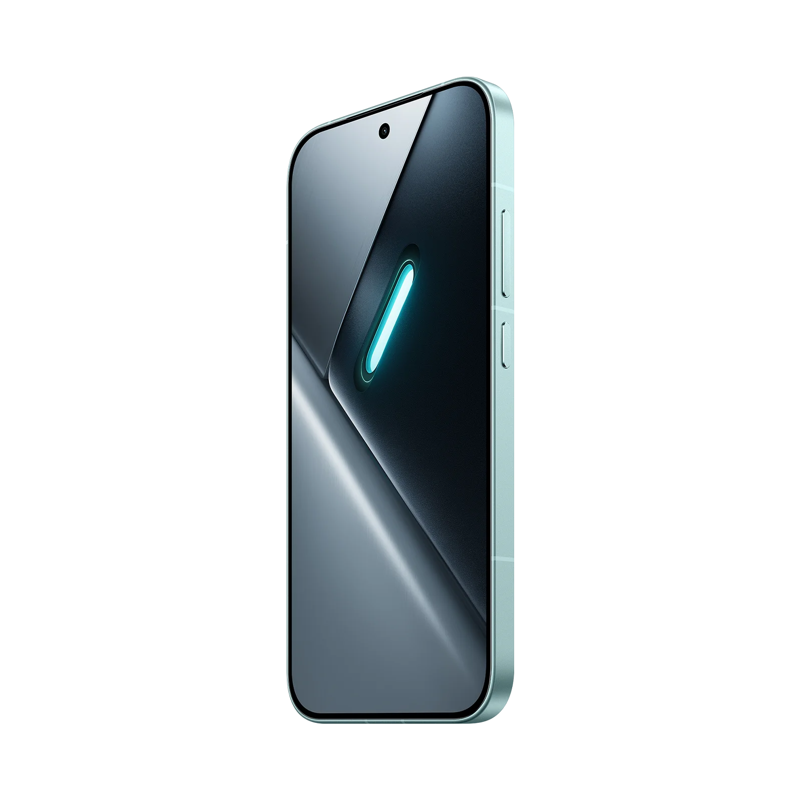 Un smartphone verde claro con una luz turquesa brillante en su pantalla oscura.